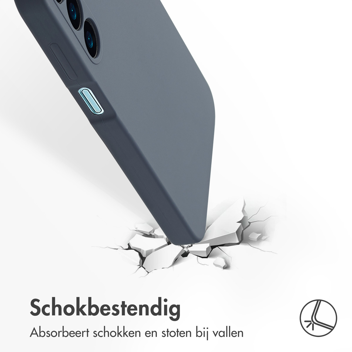 Eine graue Handyhülle trifft auf eine Oberfläche und zerbricht sie. Das Handy hat mehrere Kameras. Der Text unten lautet 'Schokbestendig'.