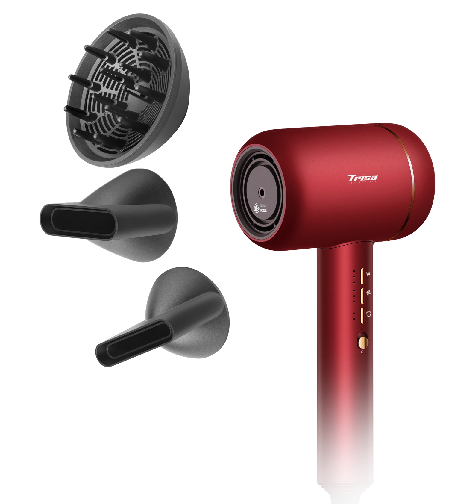 Czerwona suszarka do włosów z nasadkami. Zawiera dyfuzor i dwie dysze. Białe tło. Marka: Trisa.