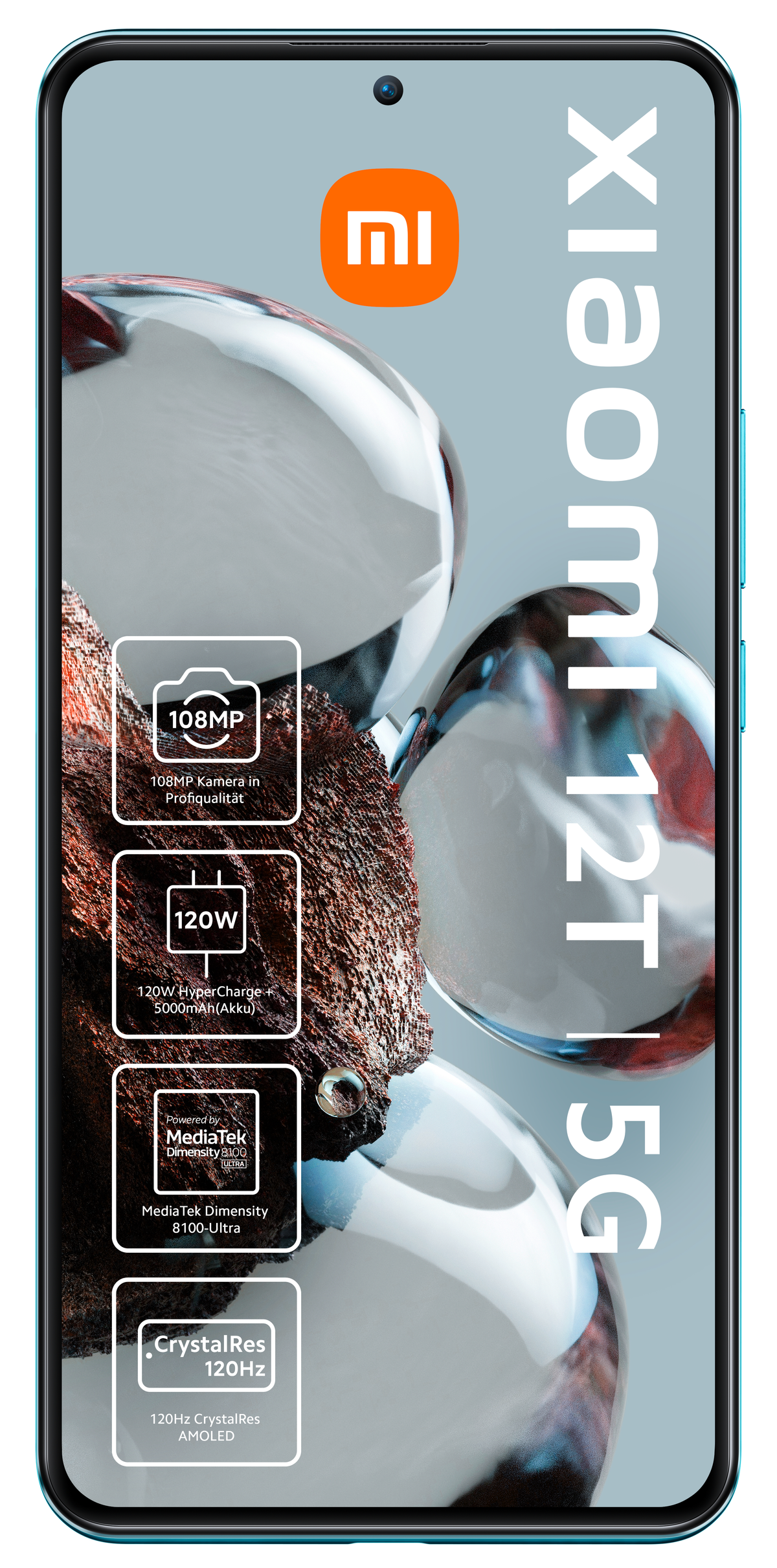 Smartfon Xiaomi 12T 5G z jasnym ekranem, szczegóły produktu i funkcje są podświetlone na wyświetlaczu.