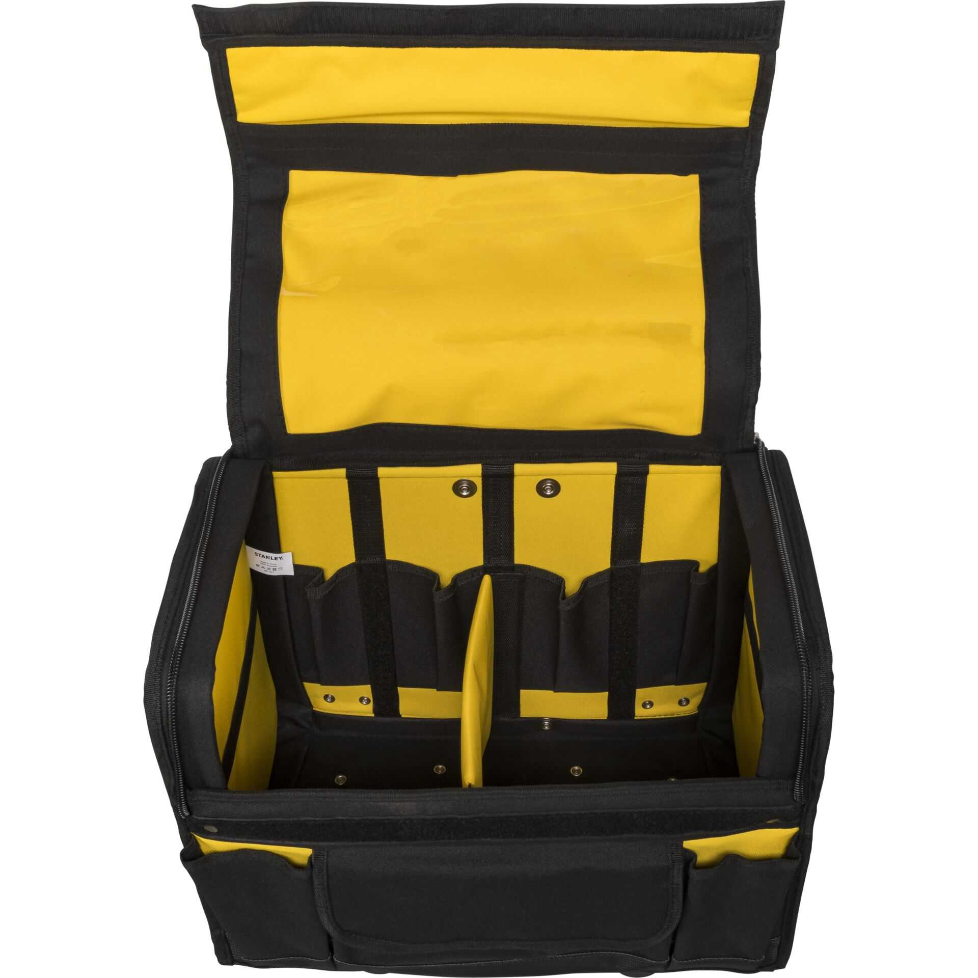 Borsa porta attrezzi nera e gialla, aperta, che rivela scomparti e tasche. Interno giallo, esterno nero.