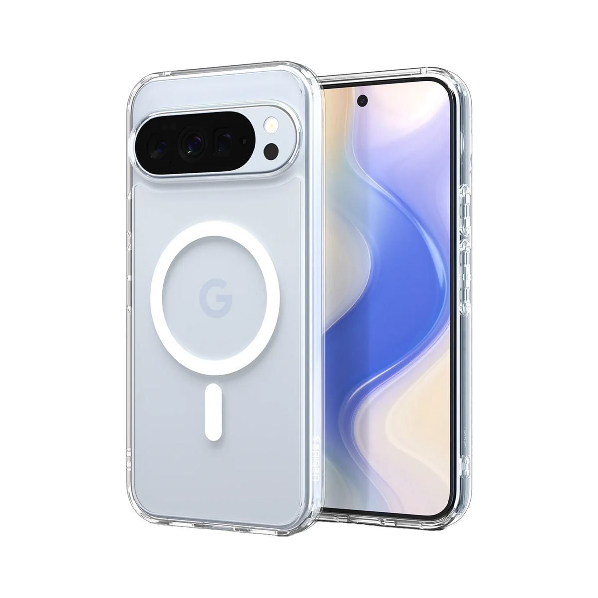 Een doorzichtige telefoonhoes met een telefoon erin. De hoes heeft een witte cirkel met 'G' en een horizontale lijn. De telefoon toont blauwe en beige tinten.