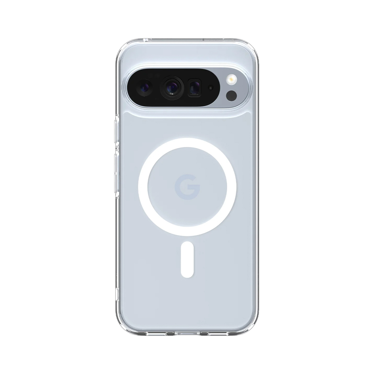 Een doorzichtige telefoonhoes voor een Google Pixel-telefoon. Het heeft een witte cirkel en een minteken op de achterkant.