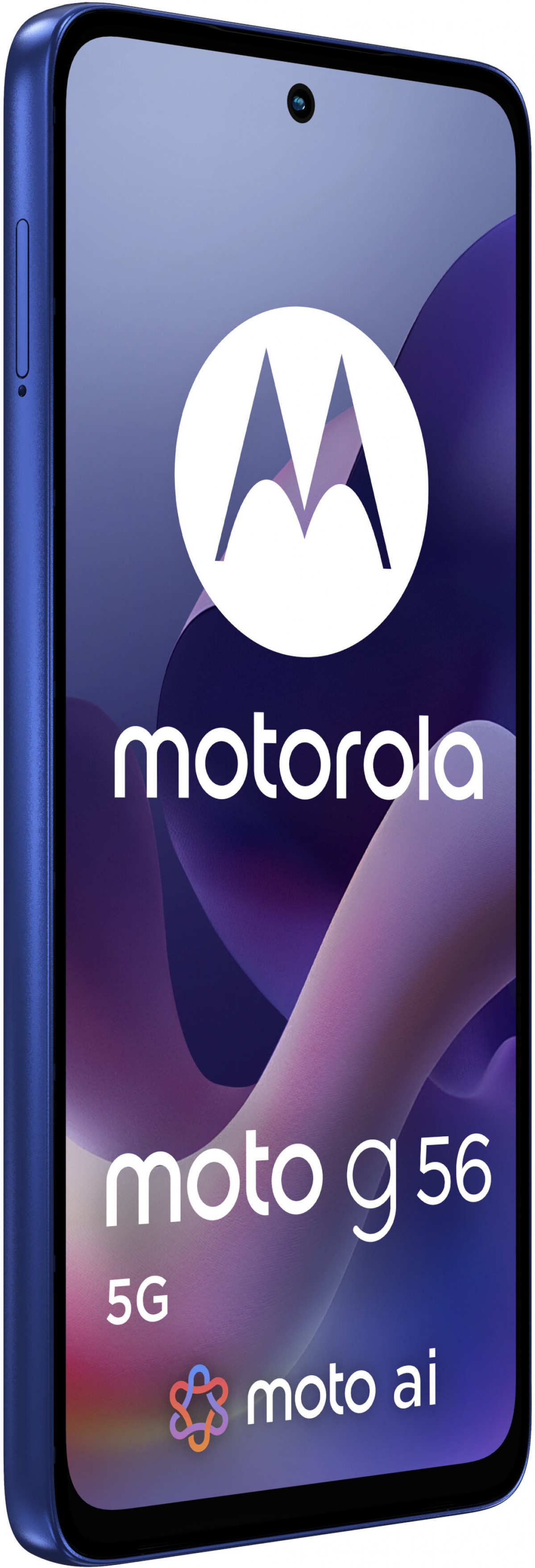 Niebieski telefon Motorola Moto g 56 5G. Ekran wyświetla logo Motorola, nazwę modelu i markę moto ai.