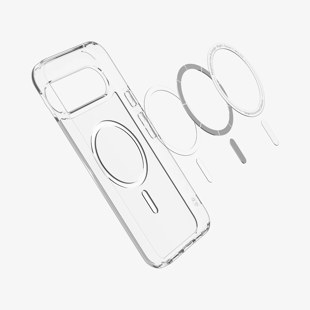 Transparante telefoonhoes met MagSafe-componenten. Onderdelen zijn licht gescheiden. Grijze ringen en staven zijn zichtbaar. Witte achtergrond.