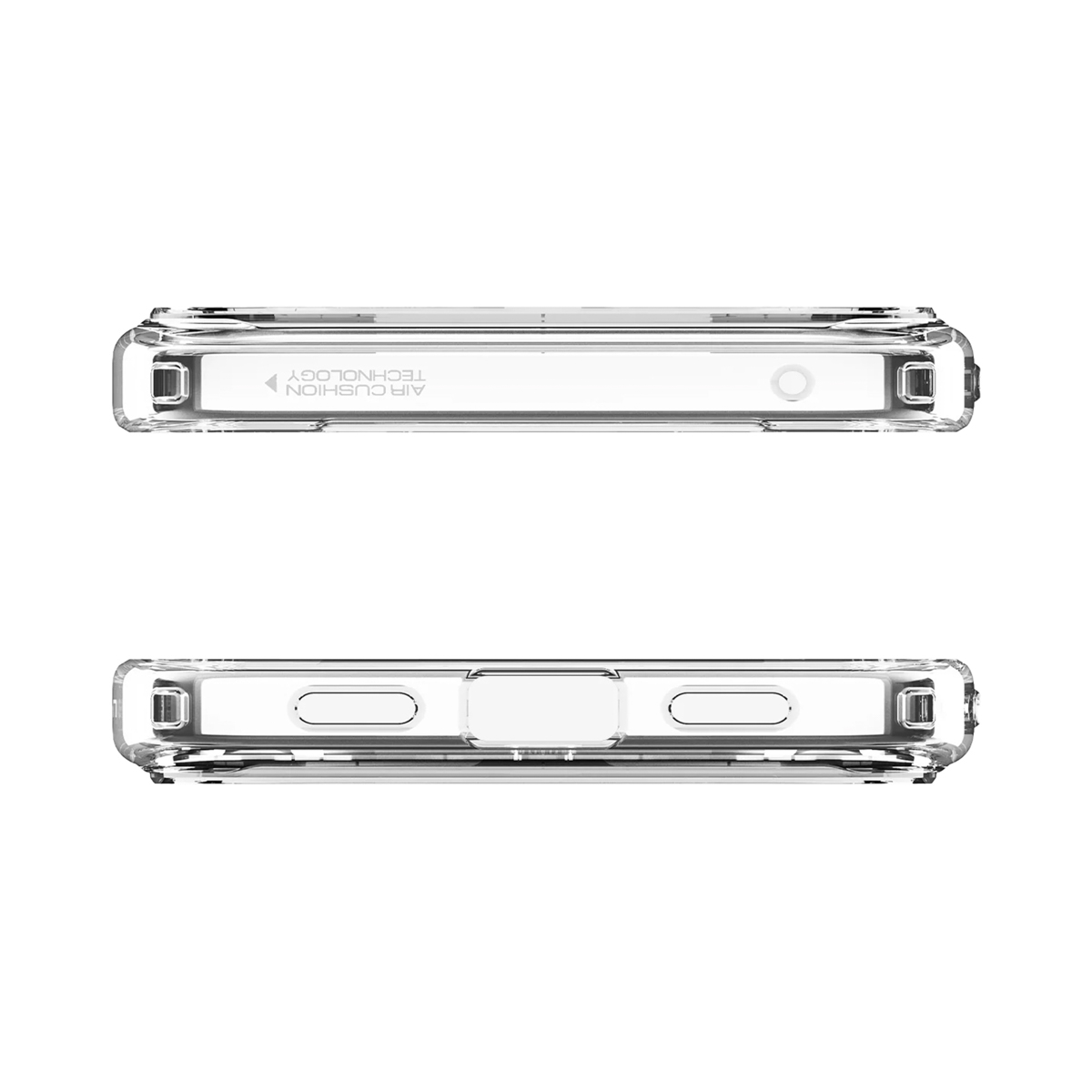 Twee doorzichtige telefoonhoesjes, de ene boven de andere, met details zoals knoppen en poortuitsparingen. Air Cushion Technology zichtbaar.