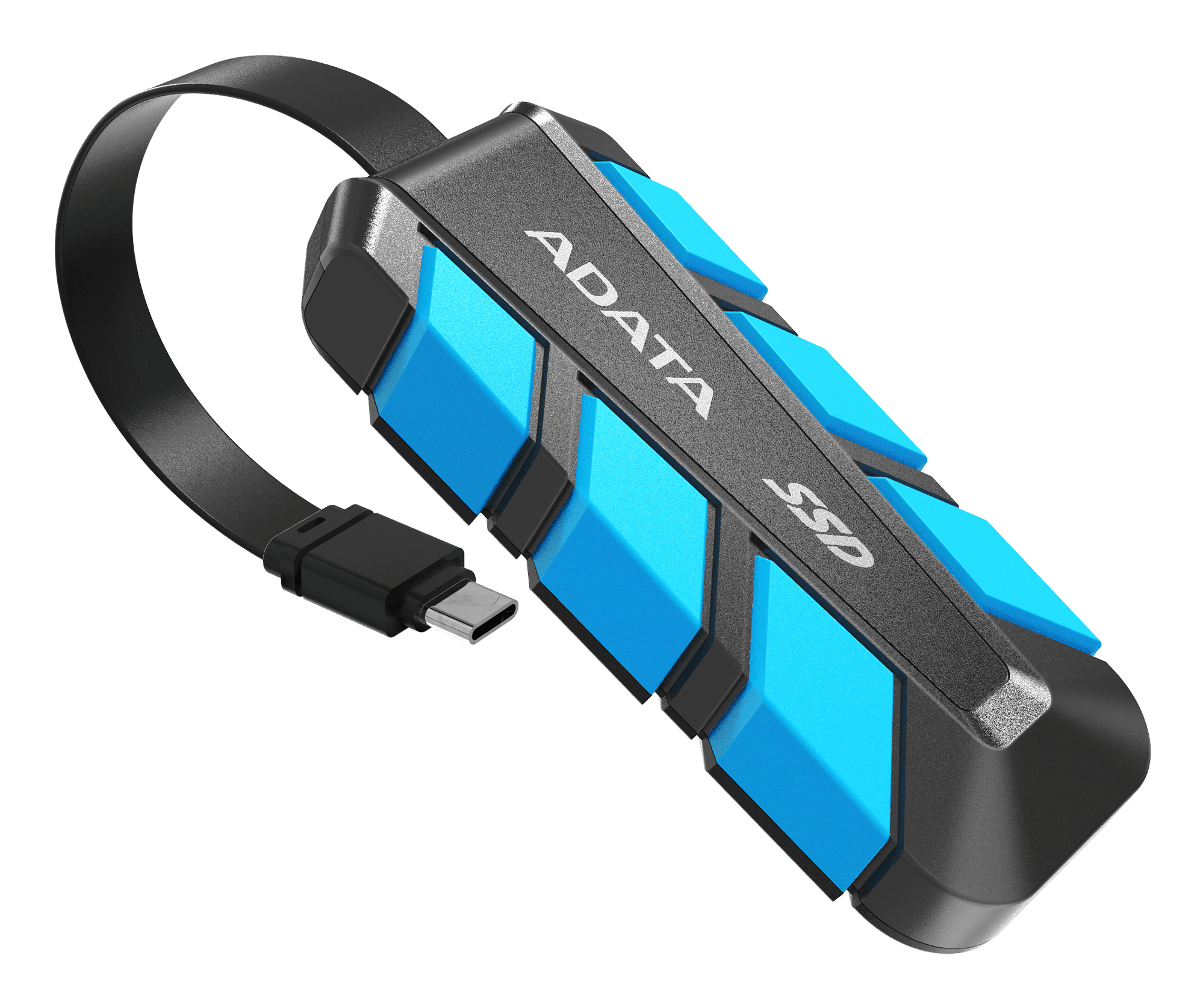 Zewnętrzny dysk SSD Adata w kolorze czarnym i niebieskim, podłączony do czarnego kabla i złącza USB-C. Widoczna nazwa marki.