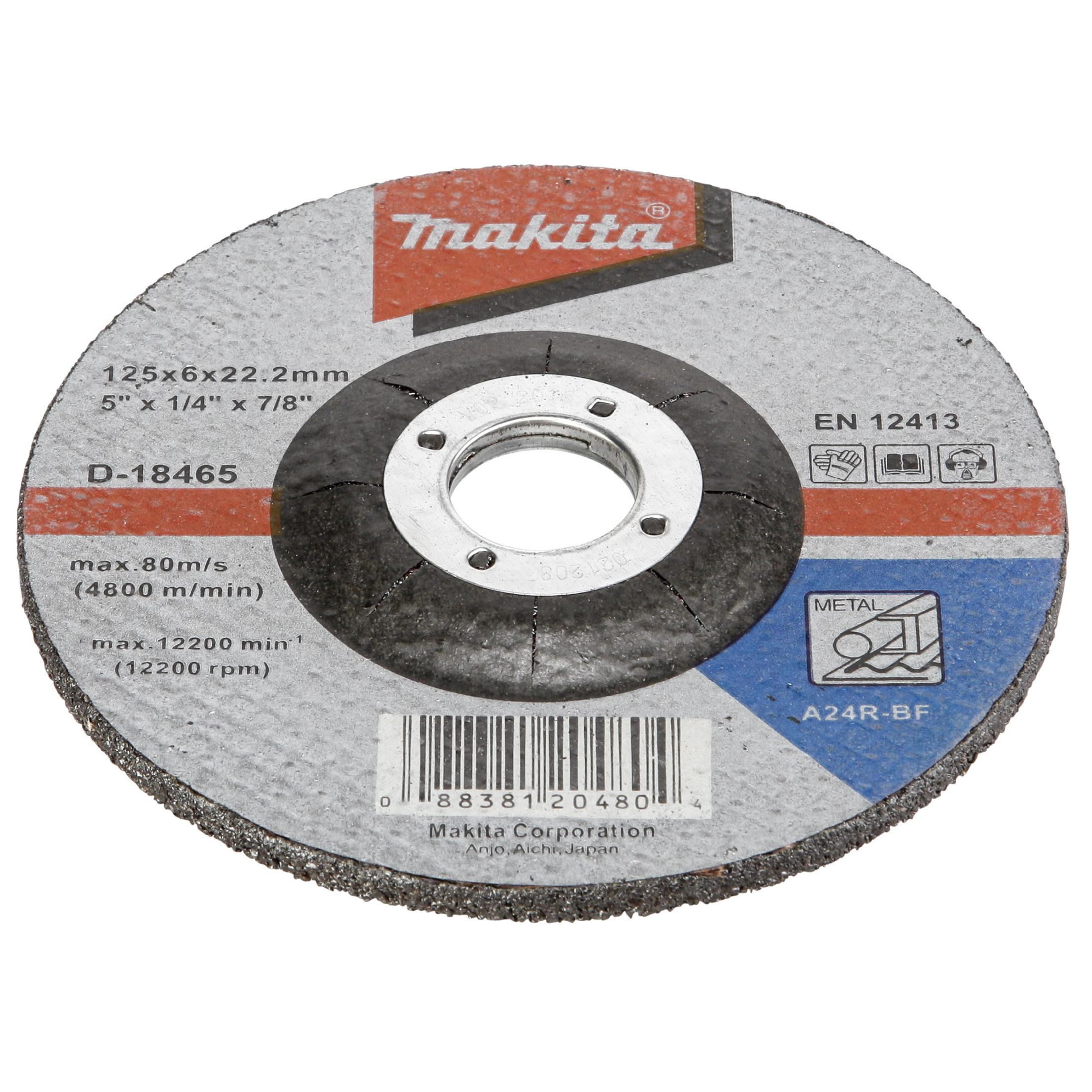 Tarcza szlifierska Makita. Ma tekst i oznaczenia wskazujące rozmiar, prędkość i normy bezpieczeństwa. Środek jest ciemny.