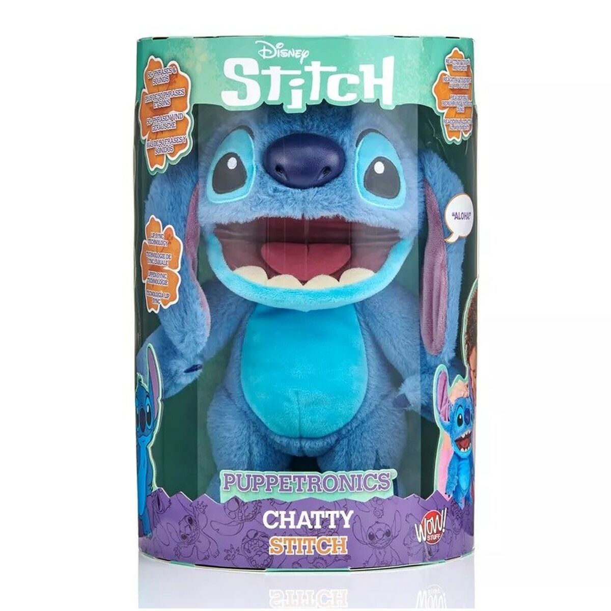Niebieska pluszowa zabawka Stitch w pudełku. Na pudełku napis 'Chatty Stitch' i 'Disney Stitch'. Stitch uśmiecha się z otwartymi ustami.