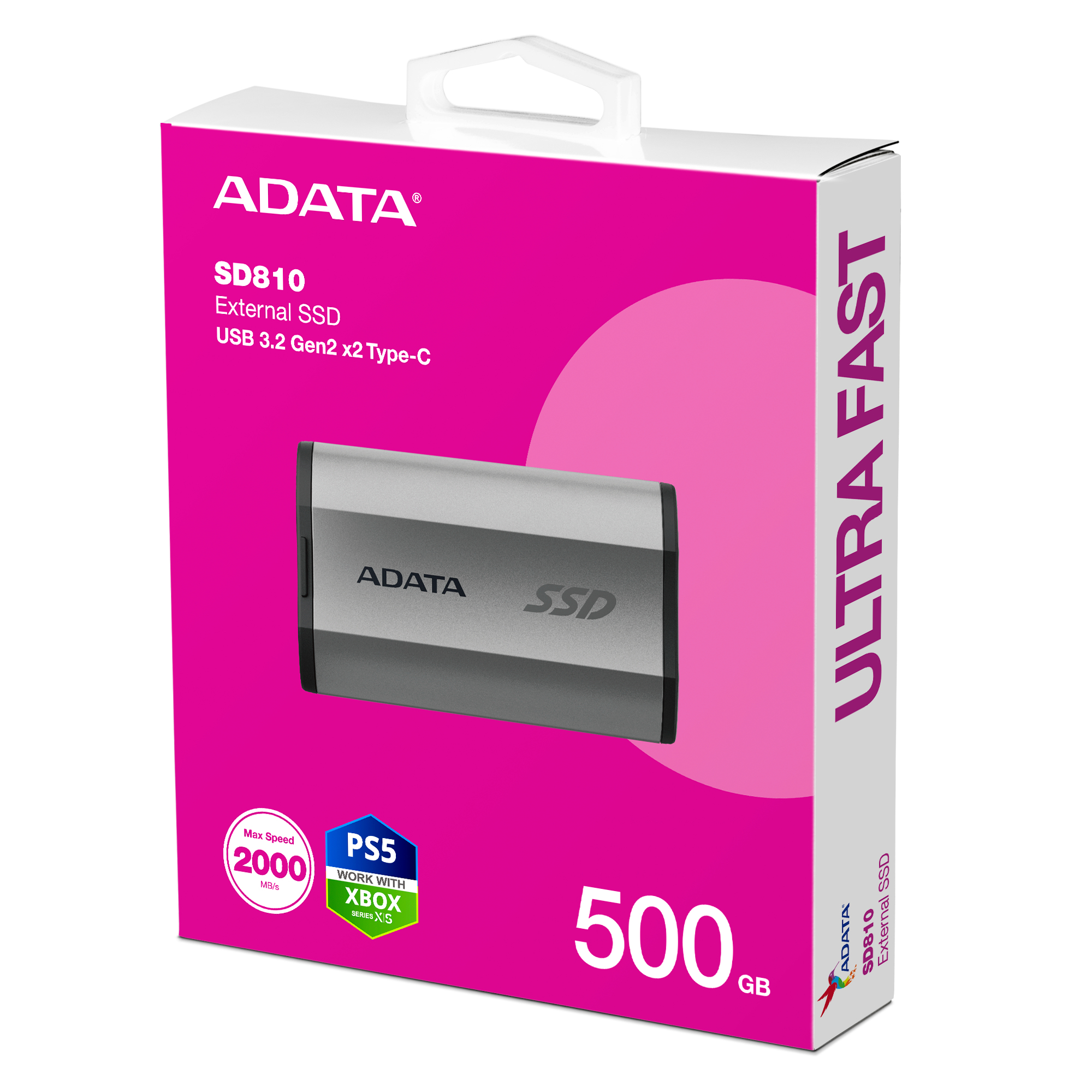Pudełko zewnętrznego dysku SSD ADATA SD810. Srebrny dysk SSD w pudełku. Pudełko jest różowe i białe. Z napisem 'Ultra Fast'.