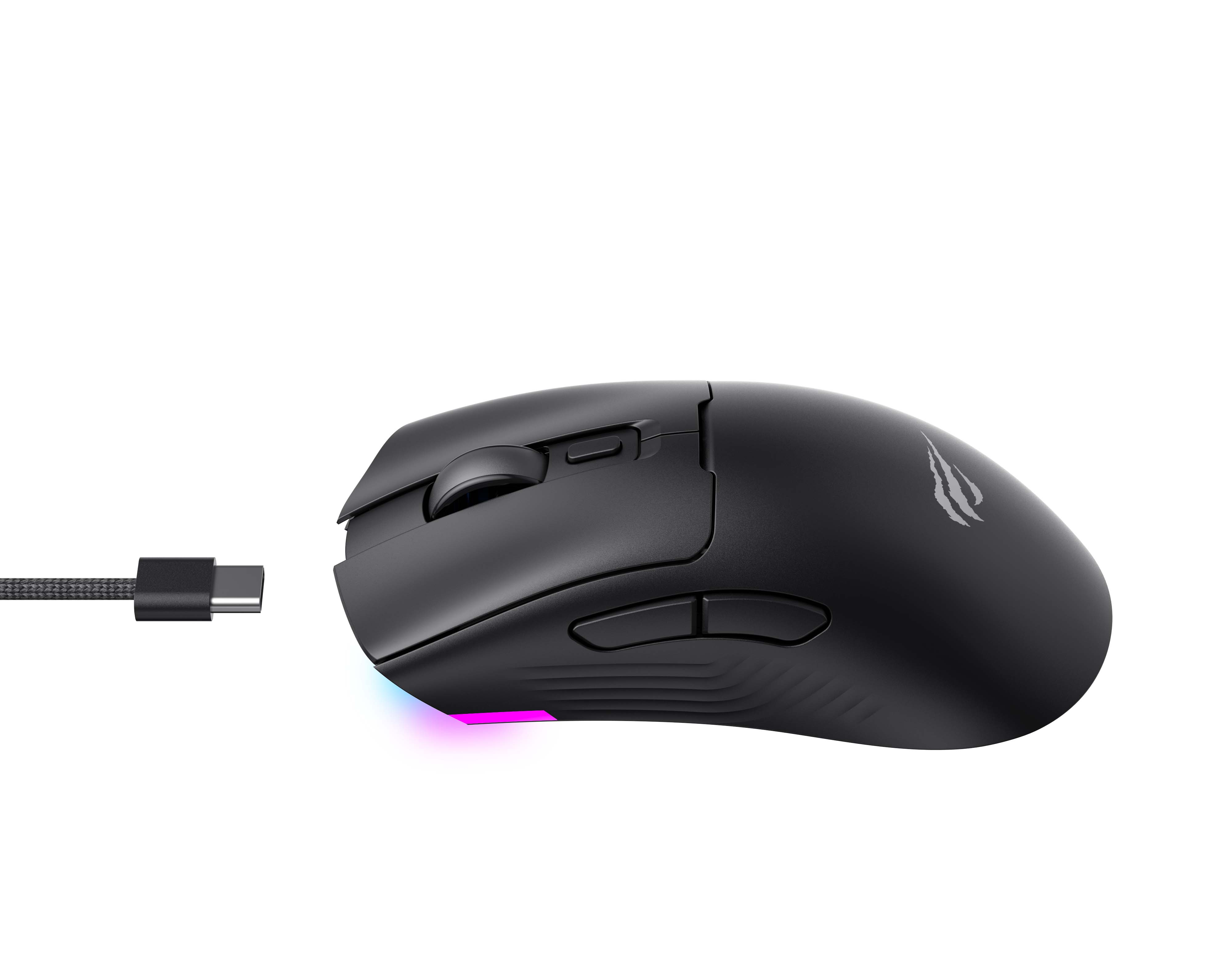 Czarna mysz gamingowa z kablem USB-C. Posiada przyciski, kółko przewijania i podświetlaną podstawę.