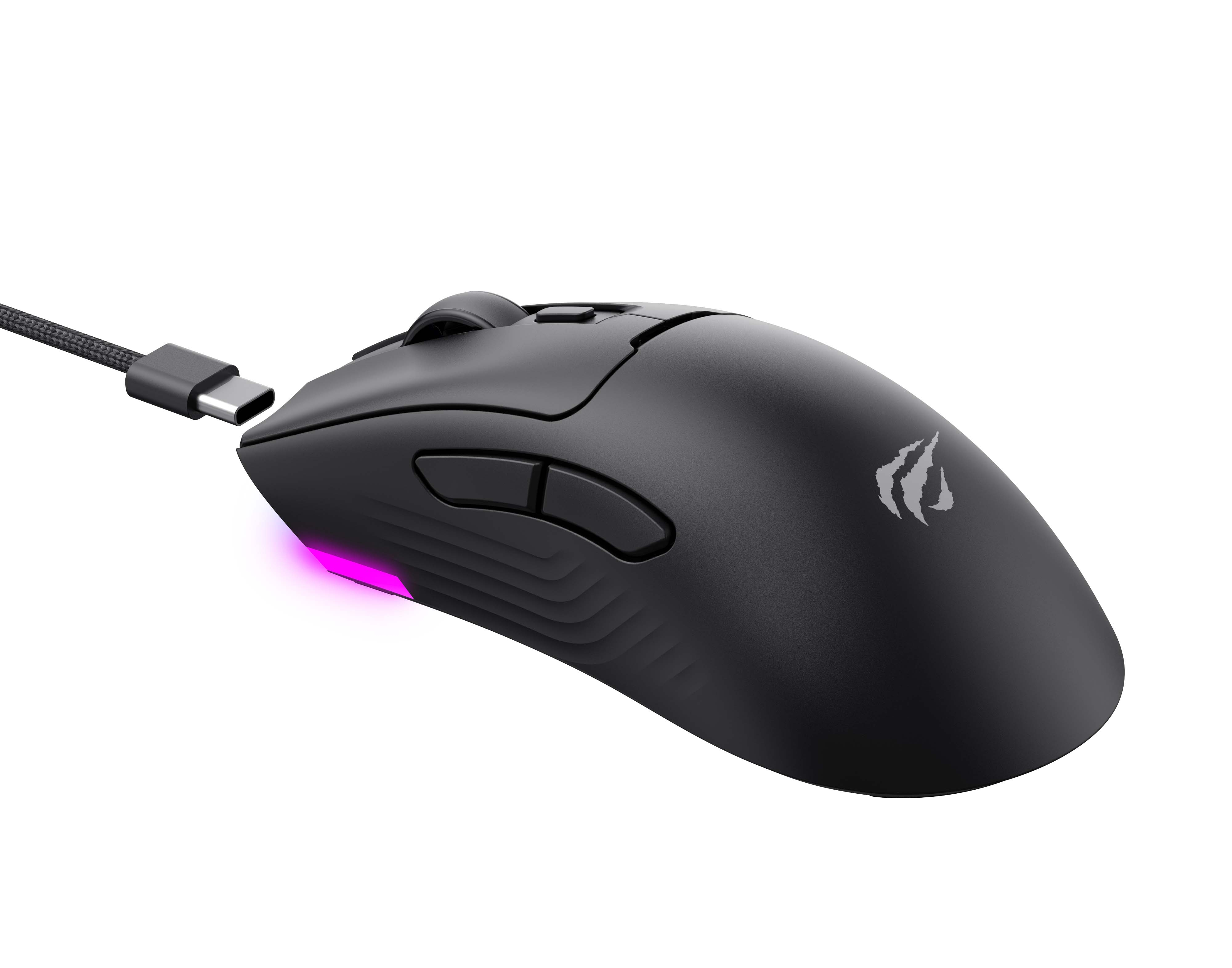 Czarna mysz do gier z kablem USB-C, przyciskami i świecącą różową krawędzią. Tło jest białe.