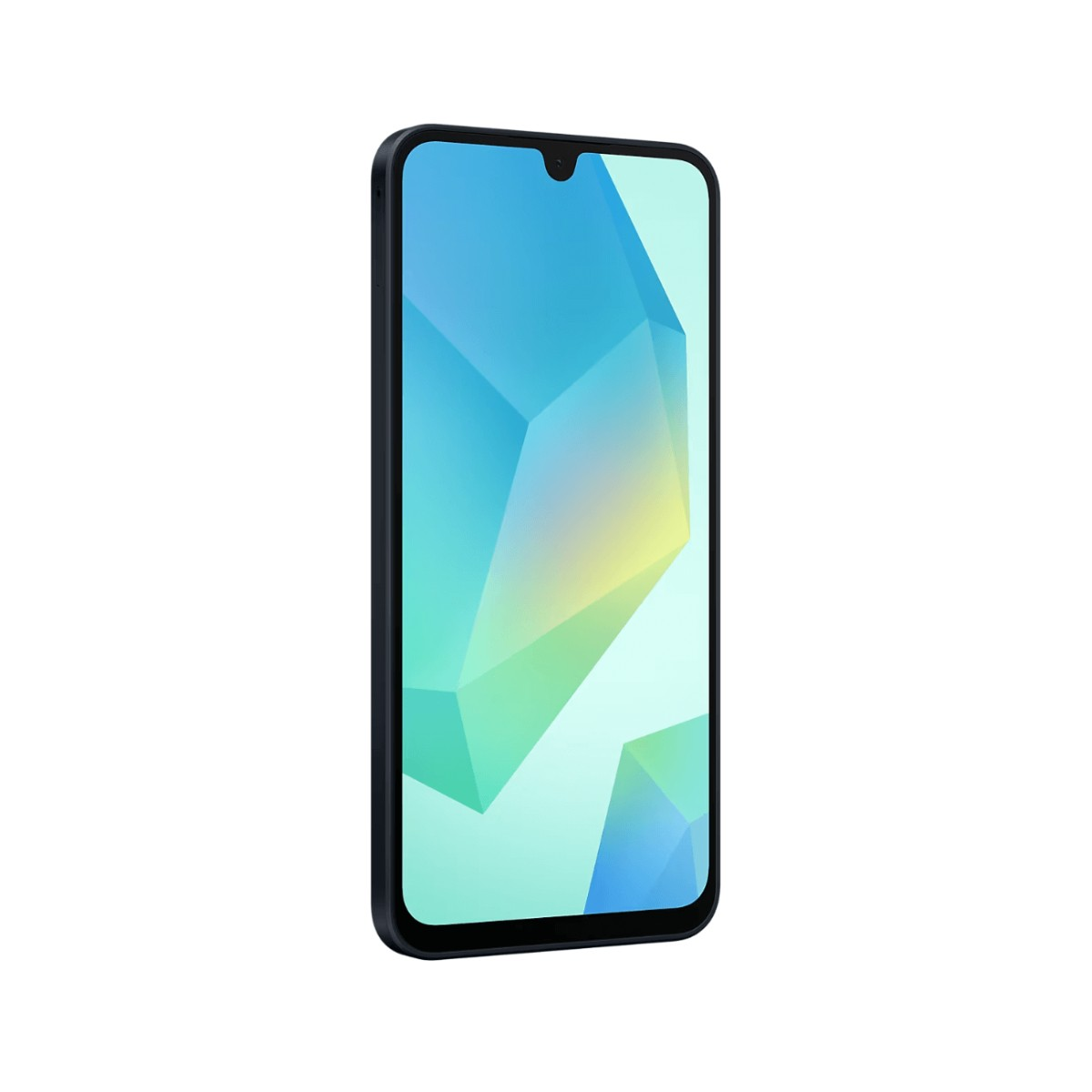 Czarny smartfon z kolorowym ekranem. Ekran wyświetla geometryczny wzór niebieskich, zielonych i żółtych kształtów.