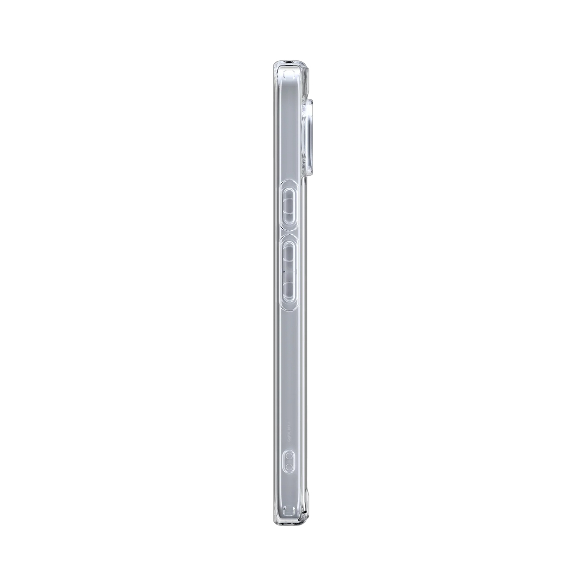 Una funda transparente para teléfono. Es de plástico y tiene botones en el lateral. El fondo es blanco.
