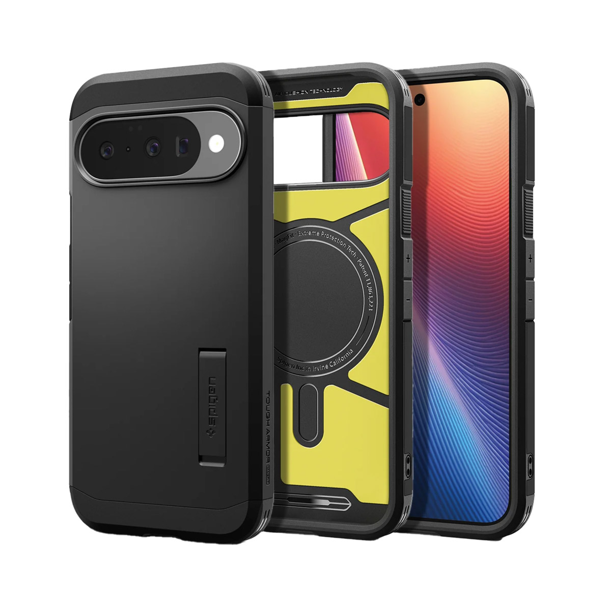 Coque de téléphone noire, démontée, montrant l'intérieur jaune et l'écran. Logo 'Spigen' visible. Téléphone partiellement exposé.