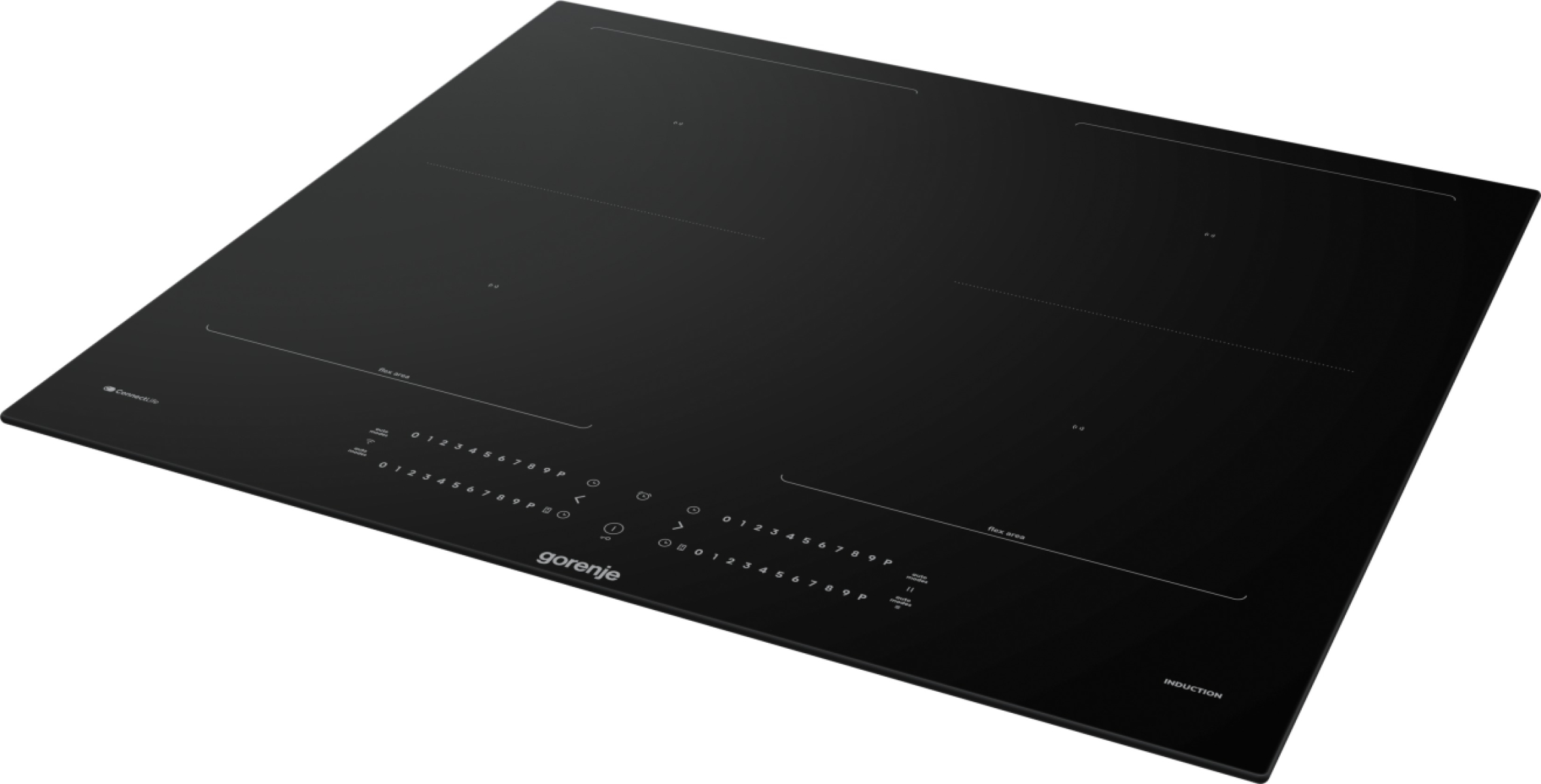 Un piano cottura a induzione nero con comandi touch. Ha quattro zone cottura ed è visibile il marchio Gorenje.