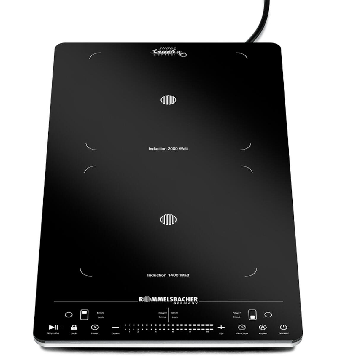 Black induction cooktop with touch controls, power settings, and brand name. Features two cooking zones and power indicators. Has an on/off button.
