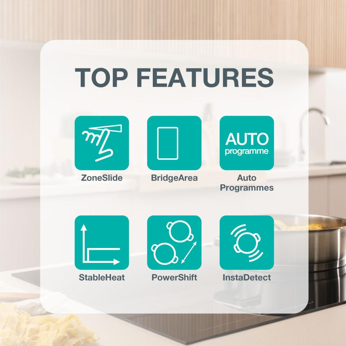 L'immagine mostra 'TOP FEATURES' con sei icone: ZoneSlide, BridgeArea, Auto Programmes, StableHeat, PowerShift e InstaDetect.