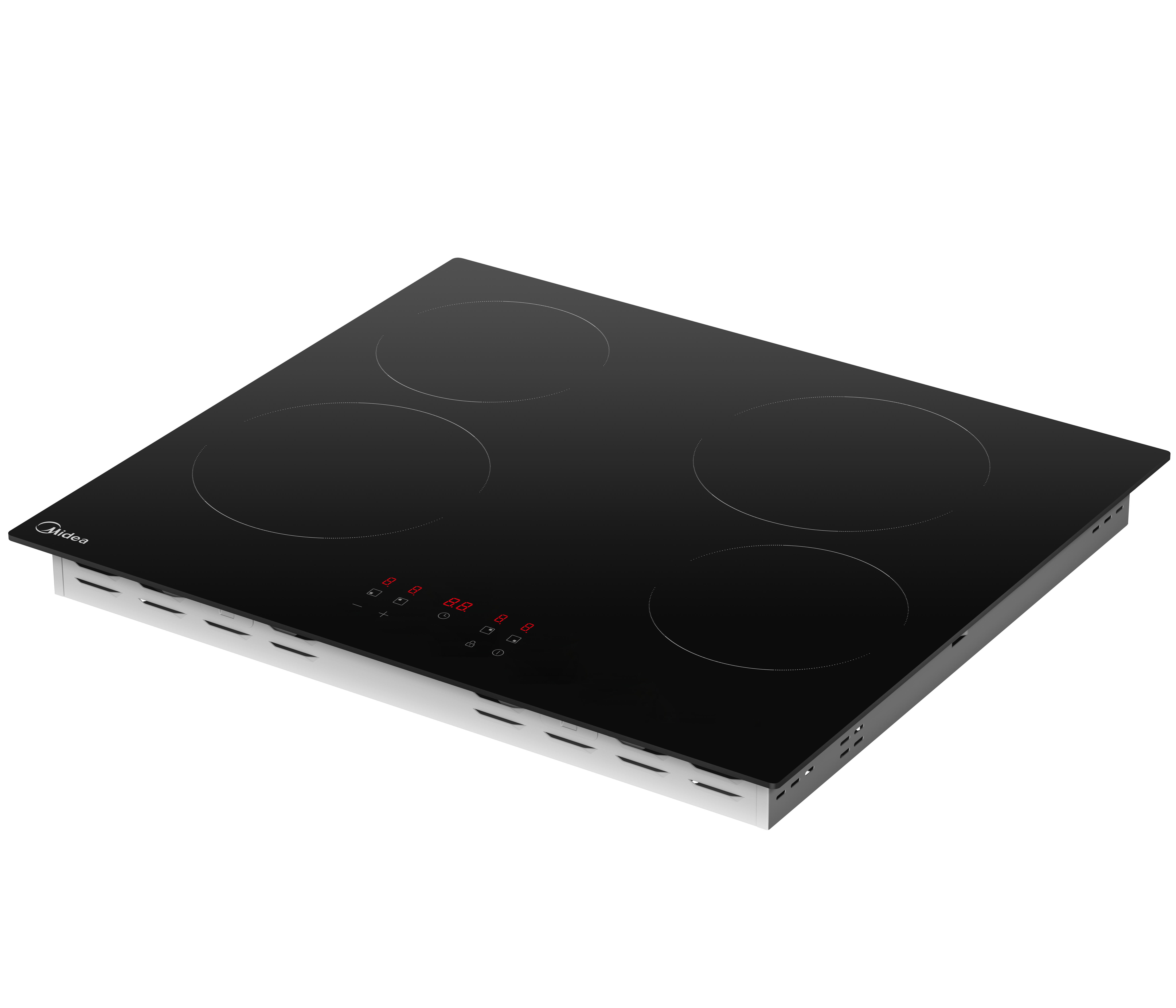 Piano cottura a induzione Midea nero con quattro fuochi. Ha una cornice argentata e display digitali rossi.