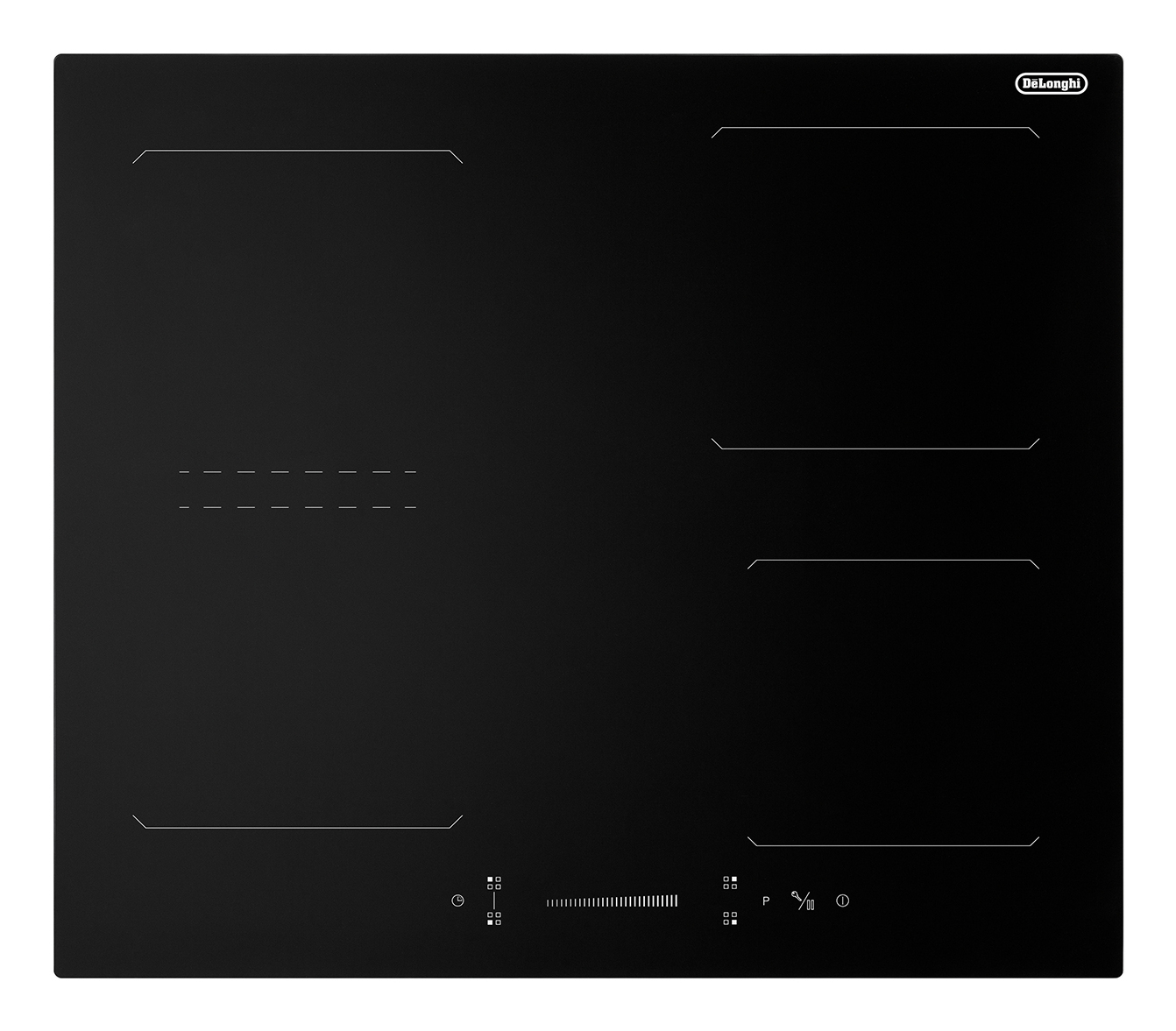 Czarna płyta indukcyjna De'Longhi. Cztery strefy gotowania z białymi obrysami. Sterowanie dotykowe na dole. Ustawienia mocy i timera.
