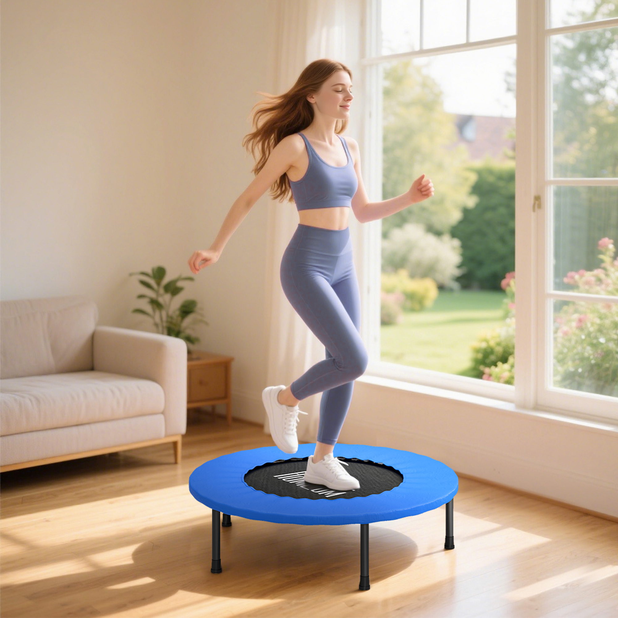 Mujer en ropa deportiva azul salta en trampolín azul en interiores. Fondo incluye sofá, ventana y planta.