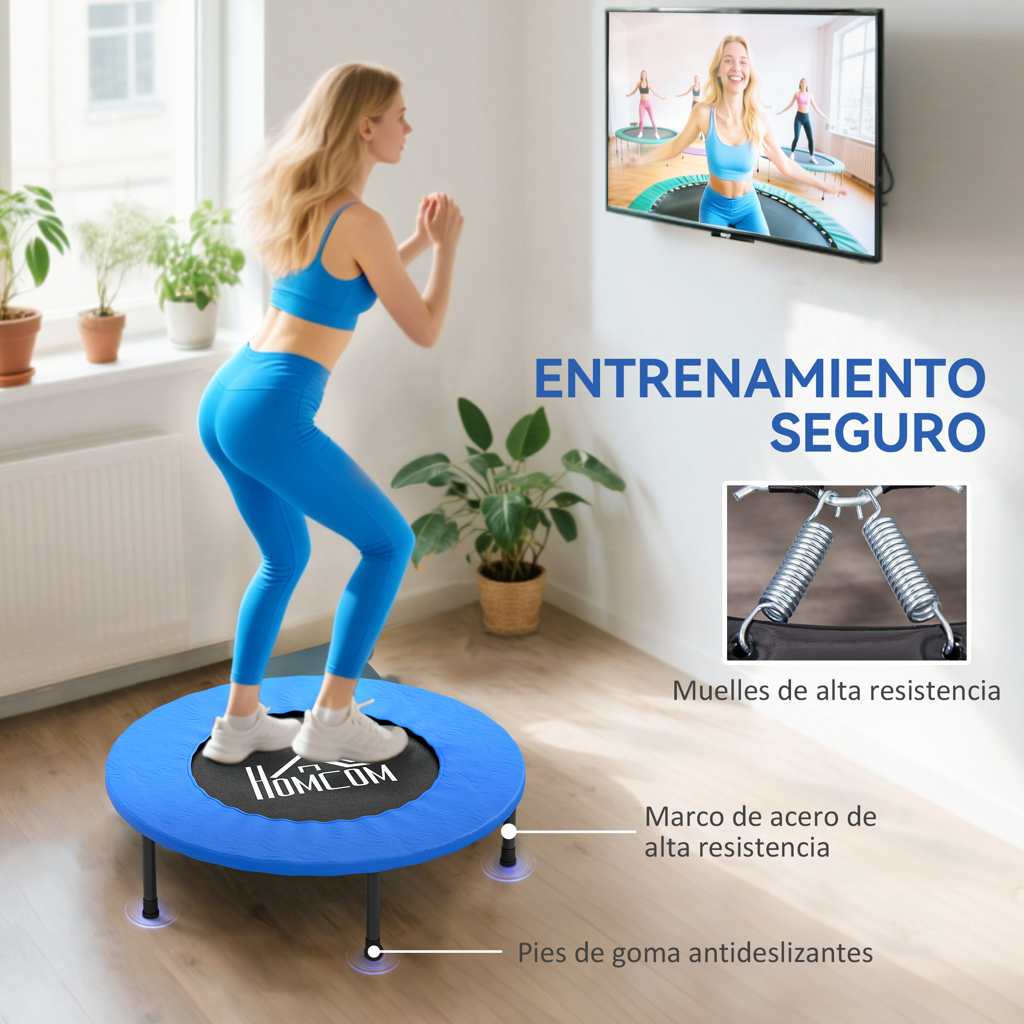 Una mujer con ropa deportiva azul salta sobre un trampolín azul. Un televisor muestra a gente haciendo ejercicio. El texto dice 'entrenamiento seguro'.