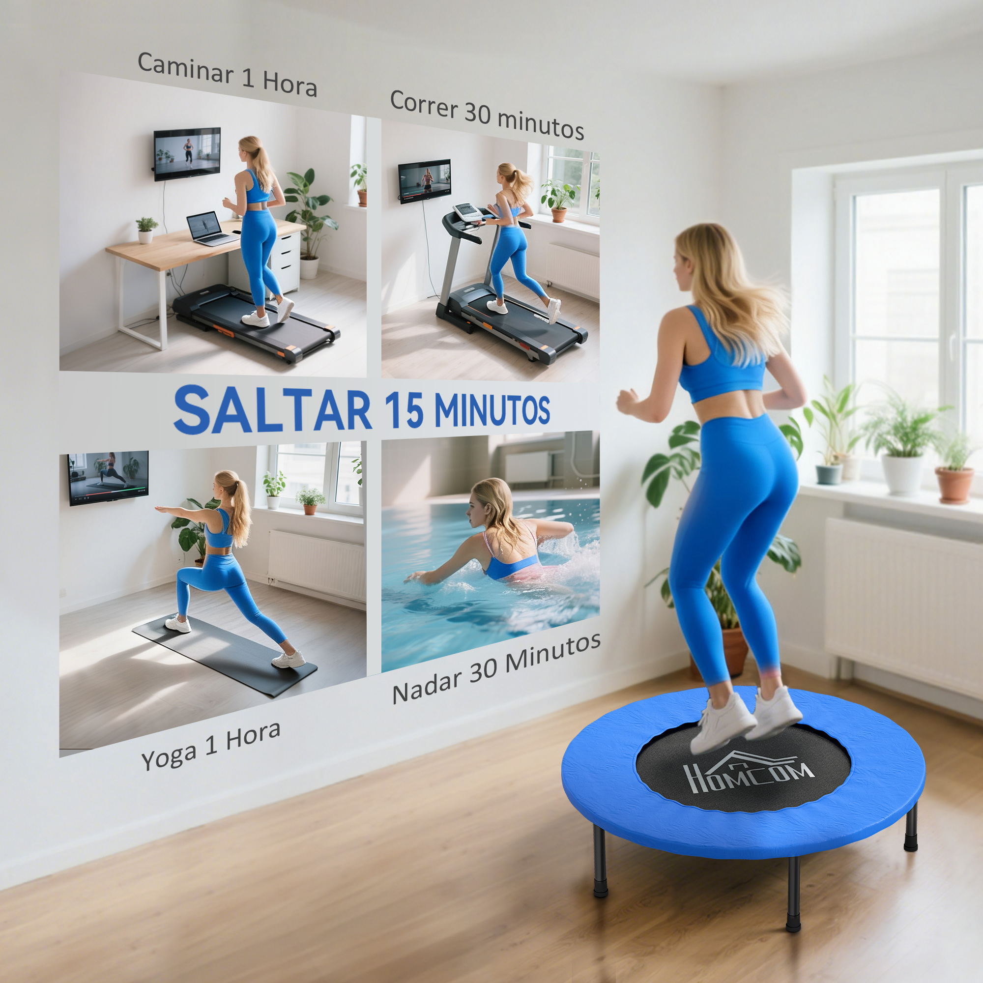 Mujer salta en un trampolín azul. Otras imágenes la muestran haciendo ejercicio en una cinta de correr, haciendo yoga, nadando y corriendo.