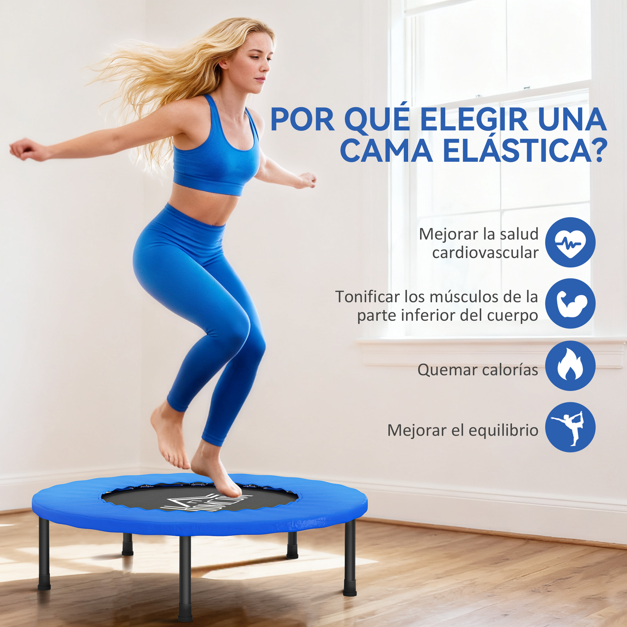 Mujer rubia saltando en trampolín azul. Texto en español explica beneficios para la salud.