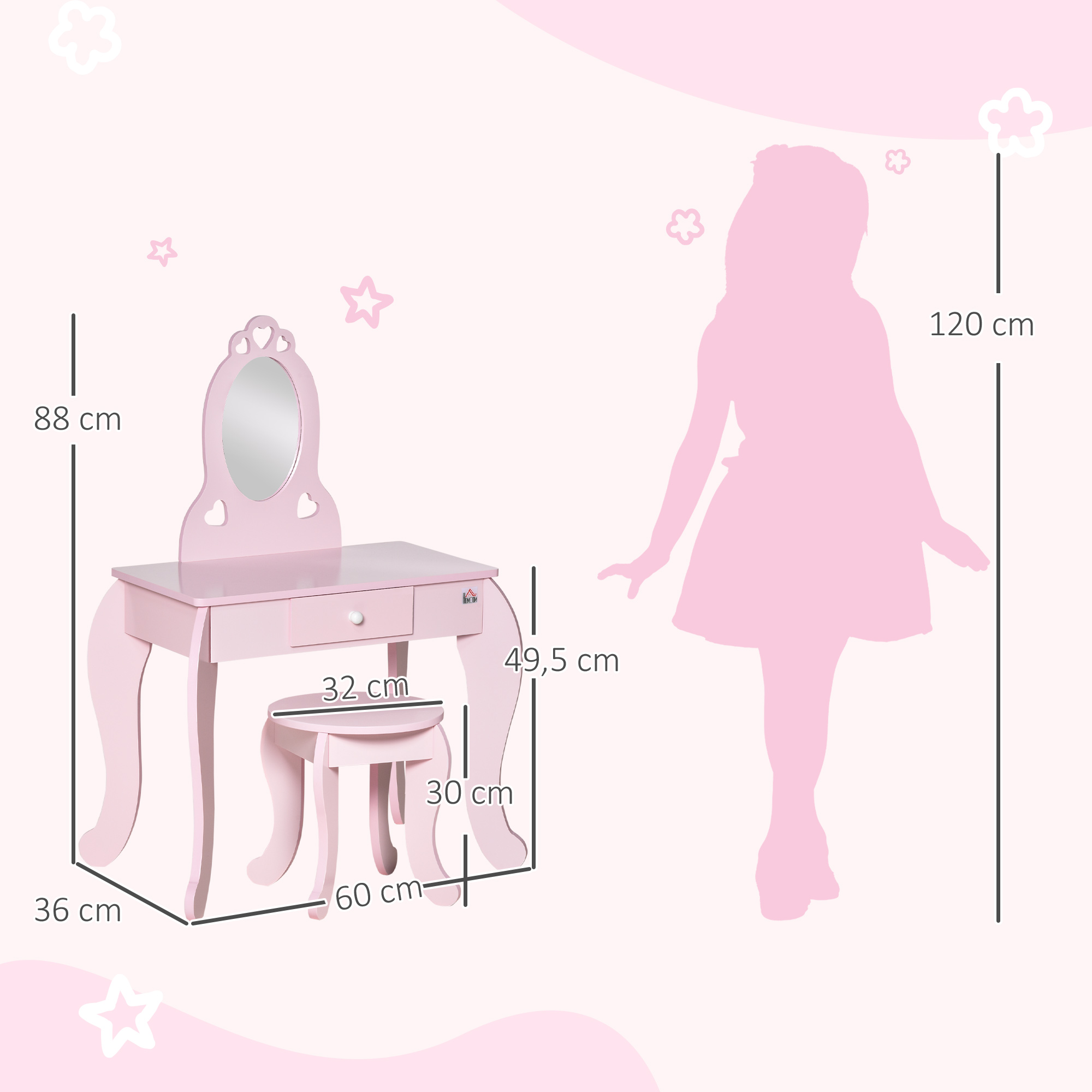 Tocador de juguete rosa con espejo y taburete. Una silueta rosa de una niña está a la derecha. Las medidas son visibles.