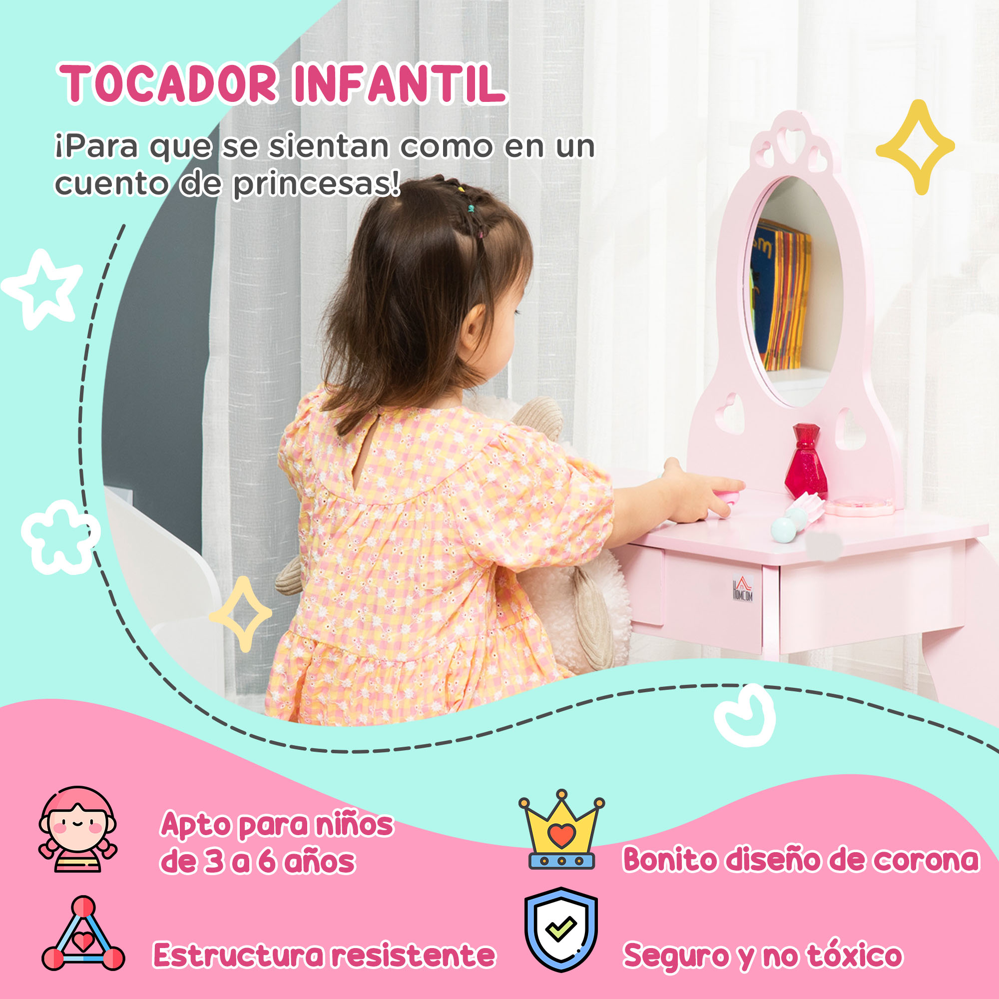 Una niña está sentada en un tocador rosa con espejo. El tocador tiene un cajón y accesorios. El texto dice 'Tocador Infantil'.