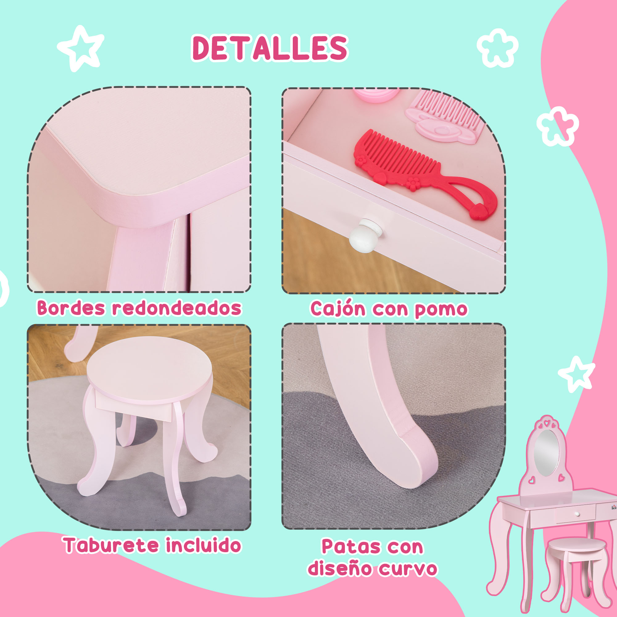 Imagen de un tocador rosa con detalles: bordes redondeados, cajón con pomo, taburete incluido y patas curvas.