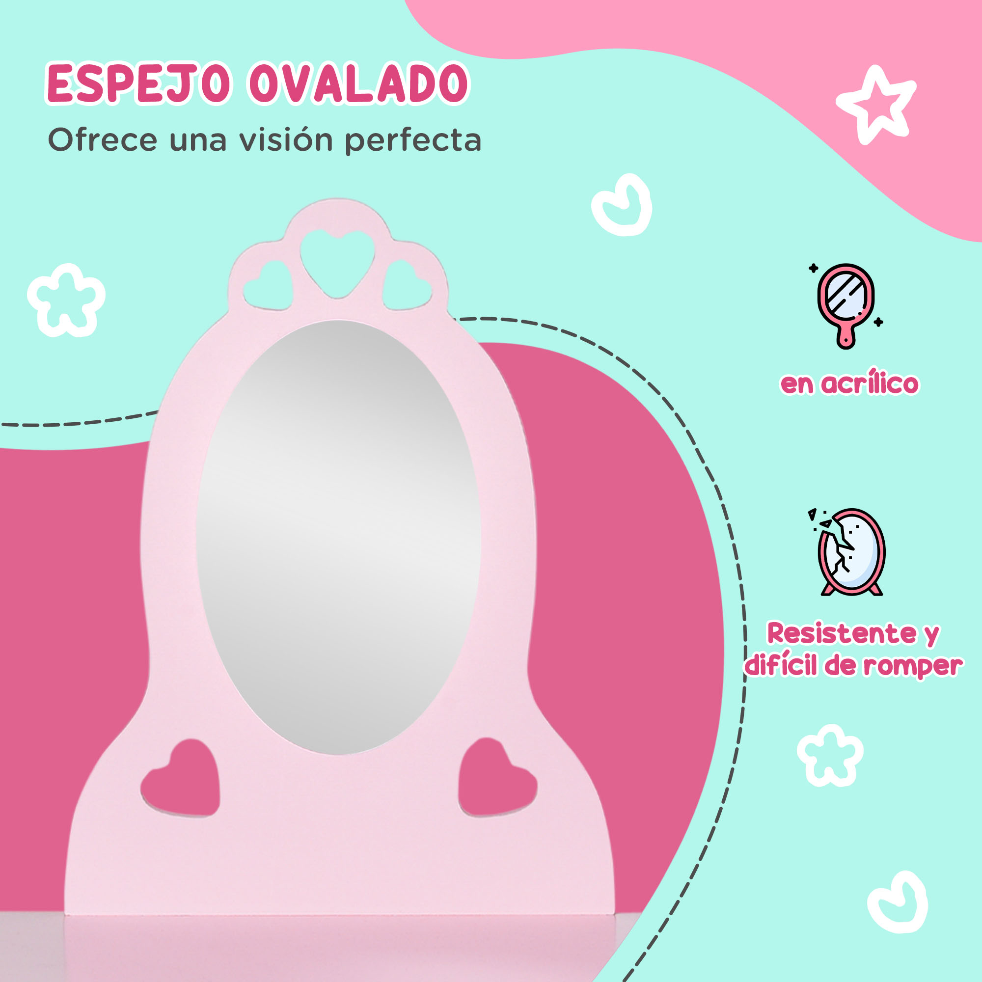 Espejo ovalado rosa con recortes de corazón, sobre un fondo rosa/azul. El texto dice 'Espejo ovalado' y menciona acrílico y resistencia a roturas.