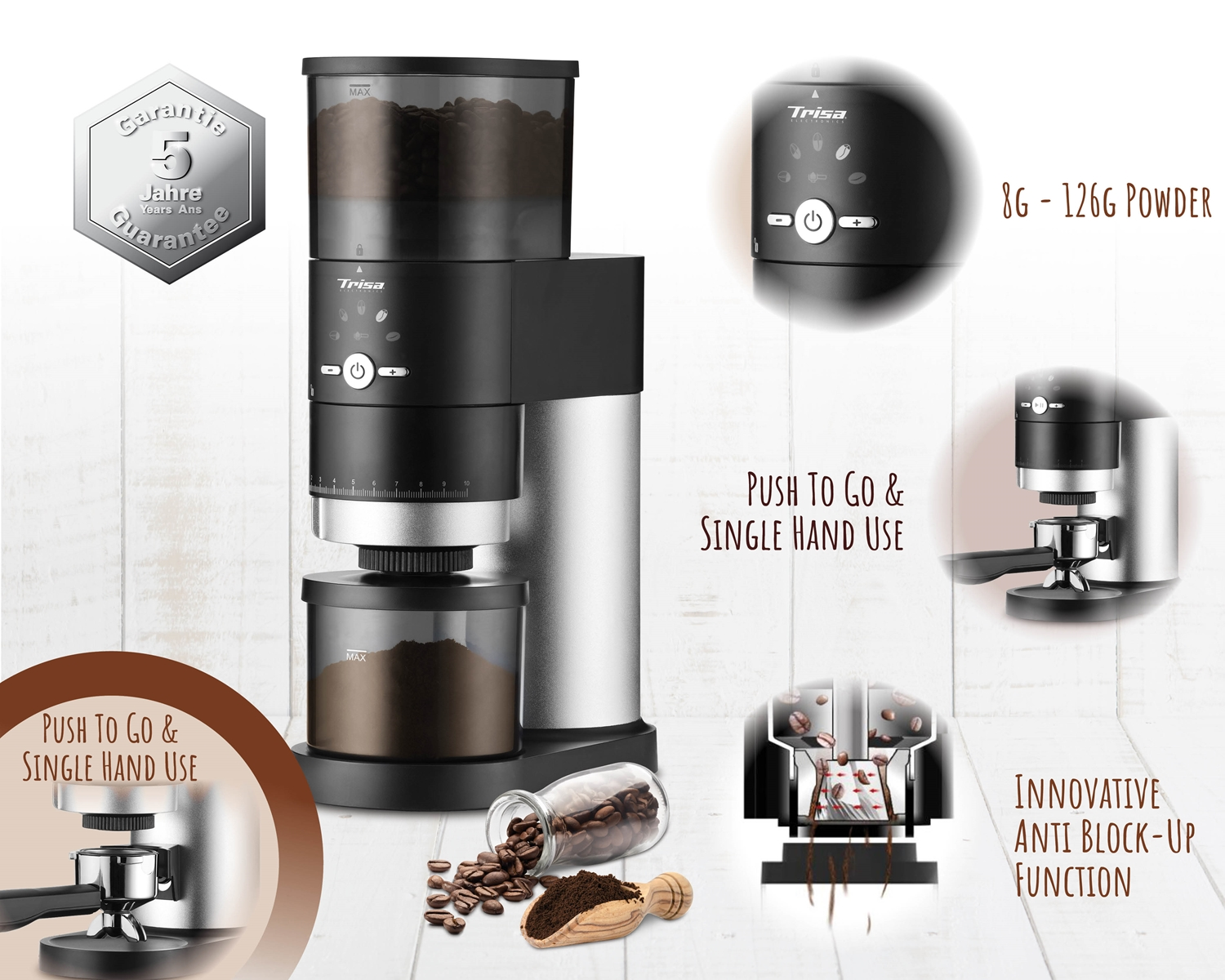 Kaffeemühle mit Kaffeebohnen und -pulver. Merkmale sind Garantie, Push-to-Go, Anti-Block-Funktion und Einhandbedienung.
