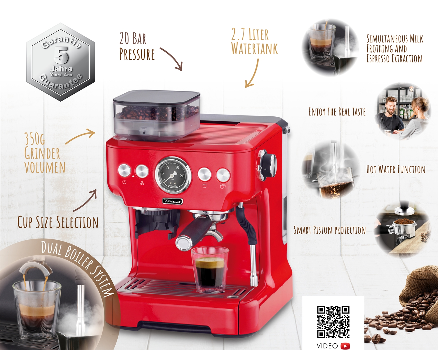 Rote Espressomaschine mit Kaffeebohnen, Textbeschriftungen und einem QR-Code. Merkmale sind Mahlwerk, Wassertank und Doppelboiler.
