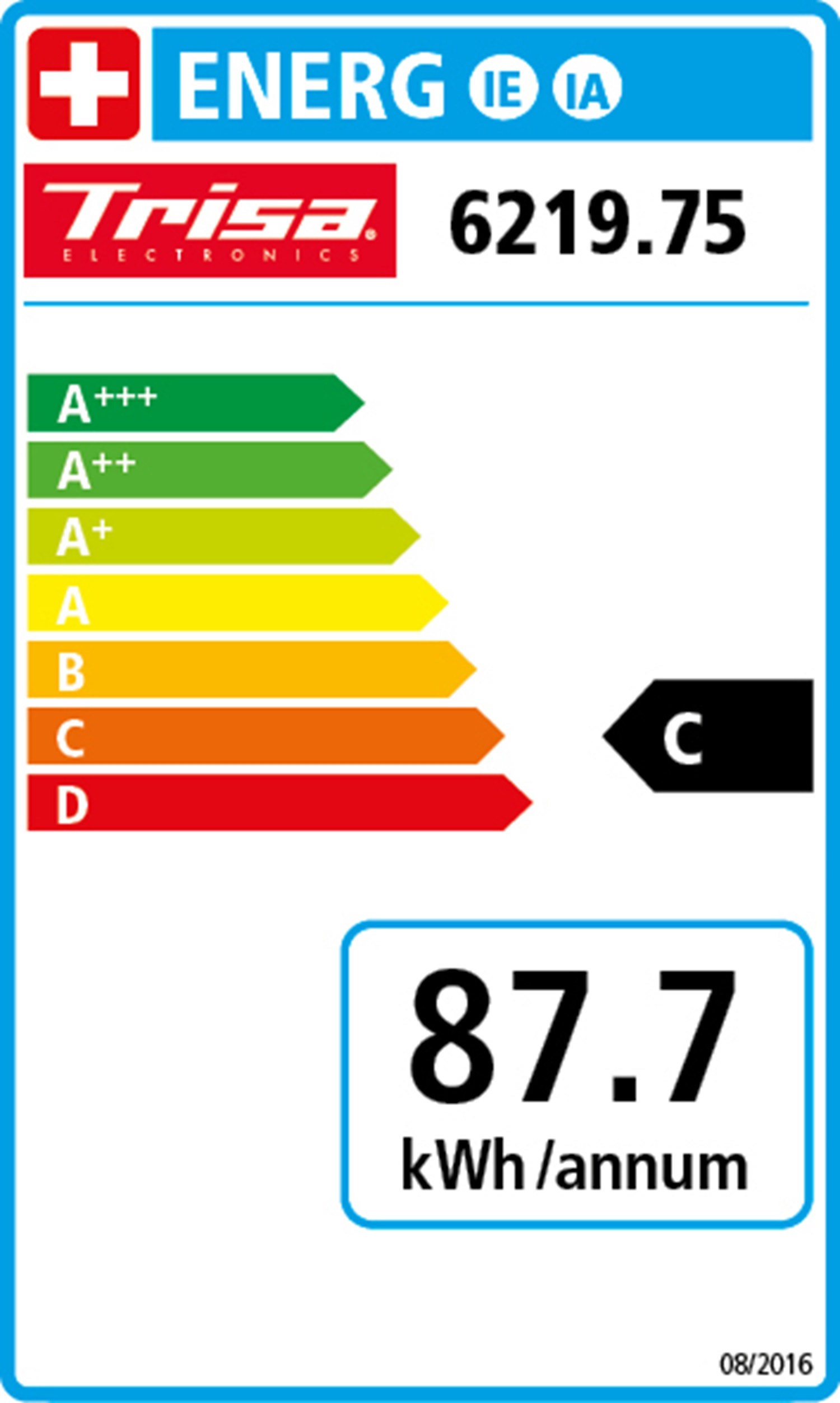 Energielabel mit Effizienzklassen und einem Energieverbrauchswert. Trisa Electronics Logo ist sichtbar.