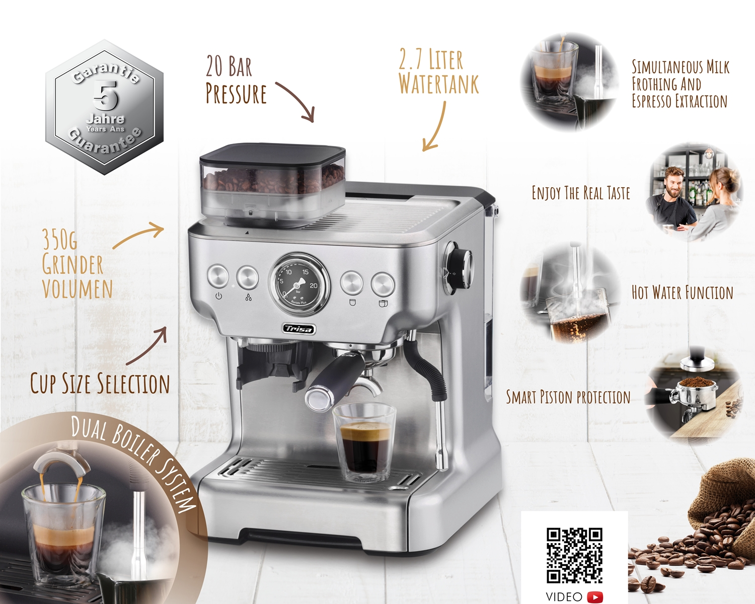 Eine silberne Espressomaschine mit Funktionen wie Mahlwerk, Doppelboiler und Heißwasserfunktion, zusammen mit Kaffeebohnen und einem QR-Code.