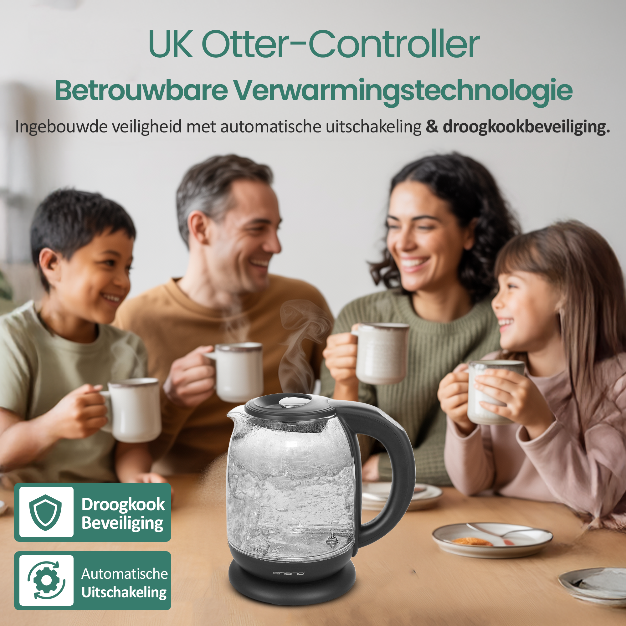Una familia sonríe, sosteniendo tazas, alrededor de una tetera de vidrio con agua hirviendo. El texto promociona la tecnología de calefacción.