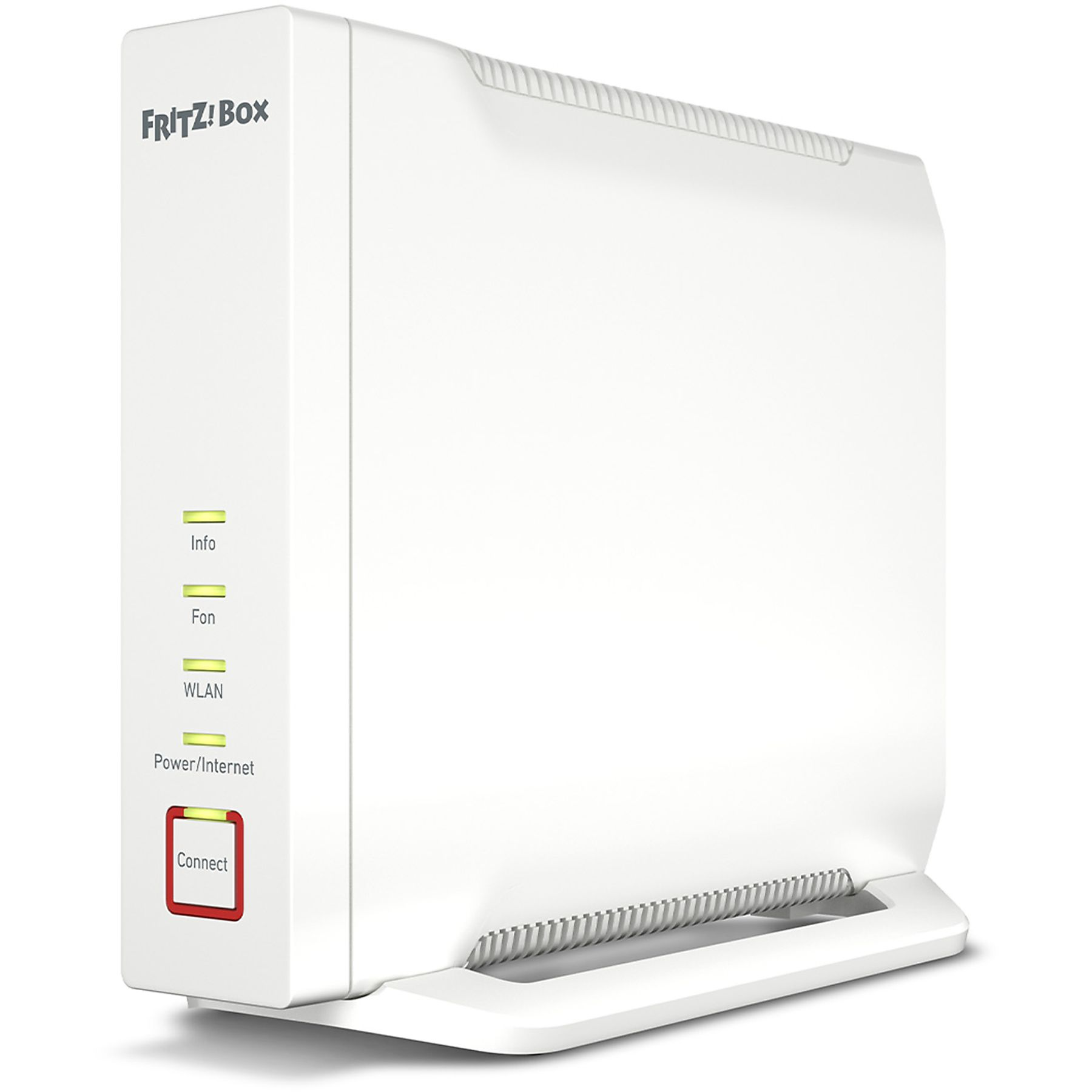 Biały router FRITZ!Box ze wskaźnikami i czerwonym przyciskiem połączenia. Urządzenie ma markę na górze.
