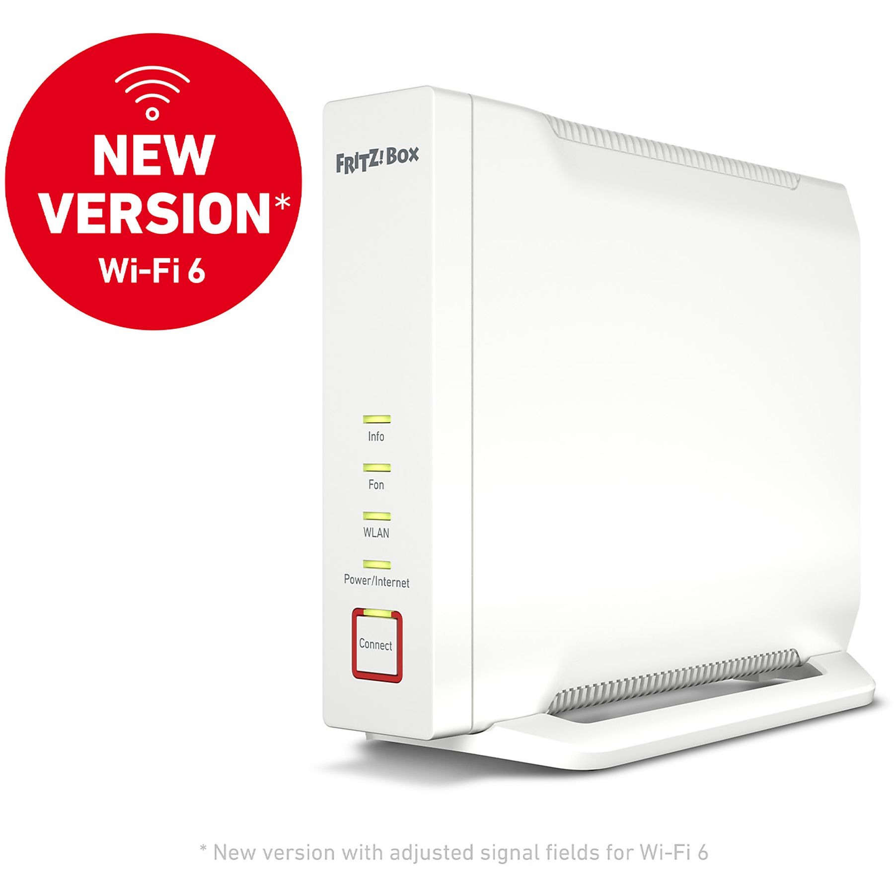 Biały router Frit!Box Wi-Fi 6 z czerwonym okręgiem z napisem 'Nowa wersja' i Wi-Fi 6.