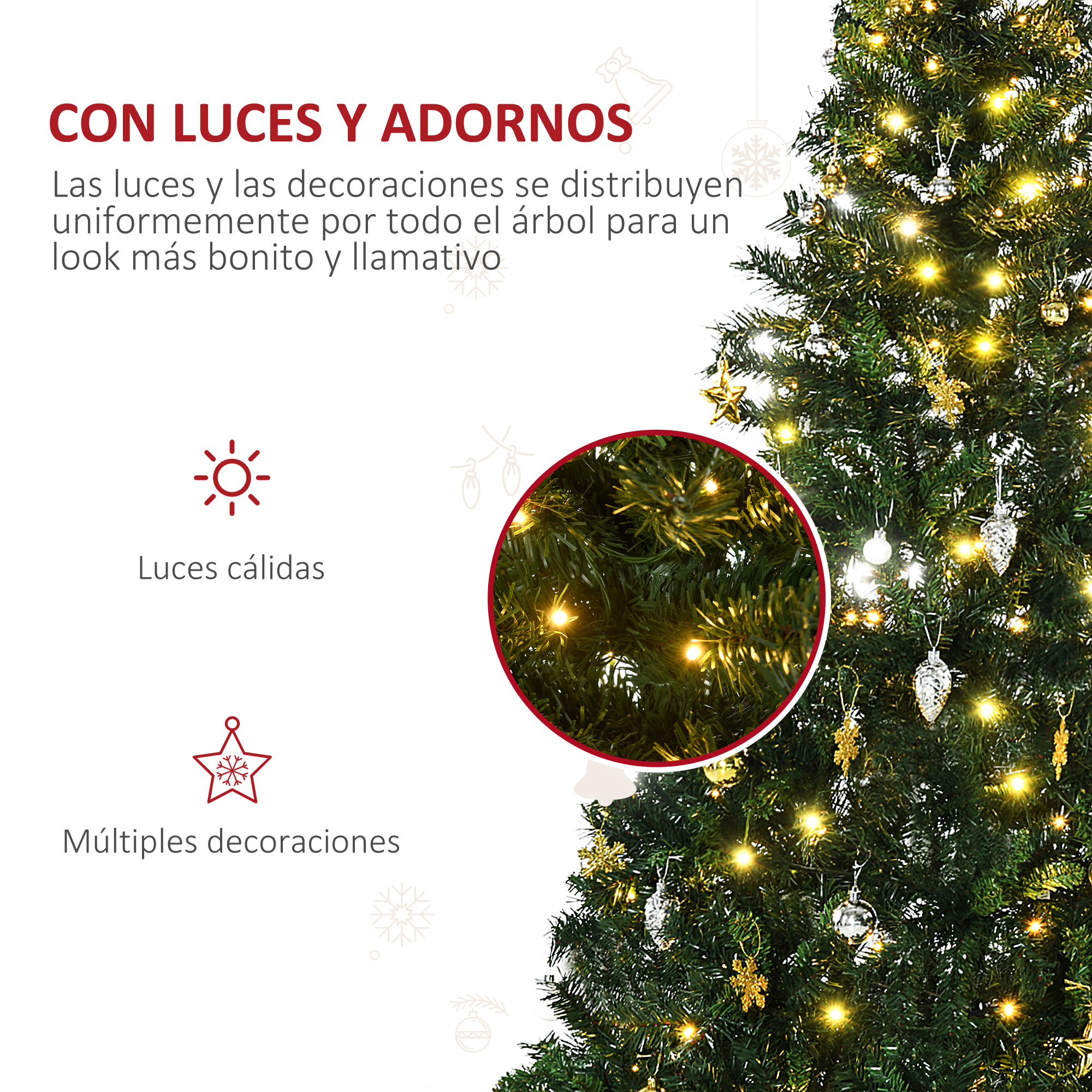 Un árbol de Navidad decorado con luces cálidas y adornos. Primer plano muestra detalles de las ramas.