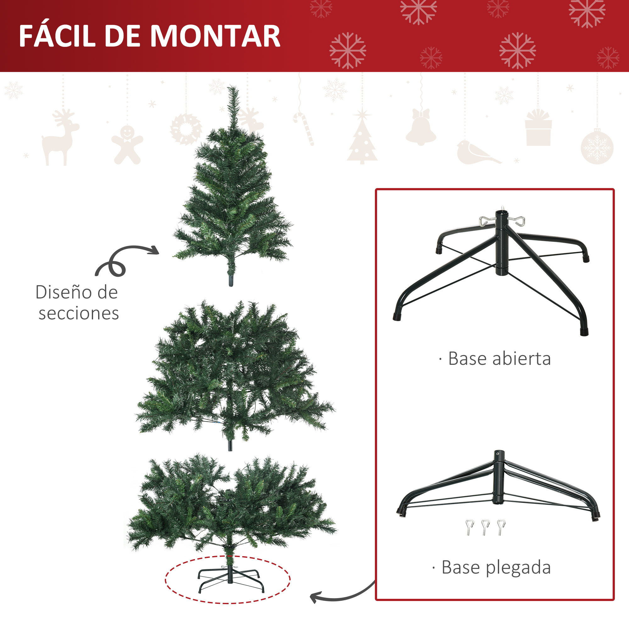 La imagen muestra un árbol de Navidad desmontado con secciones. Se muestra una base en posición abierta y plegada.