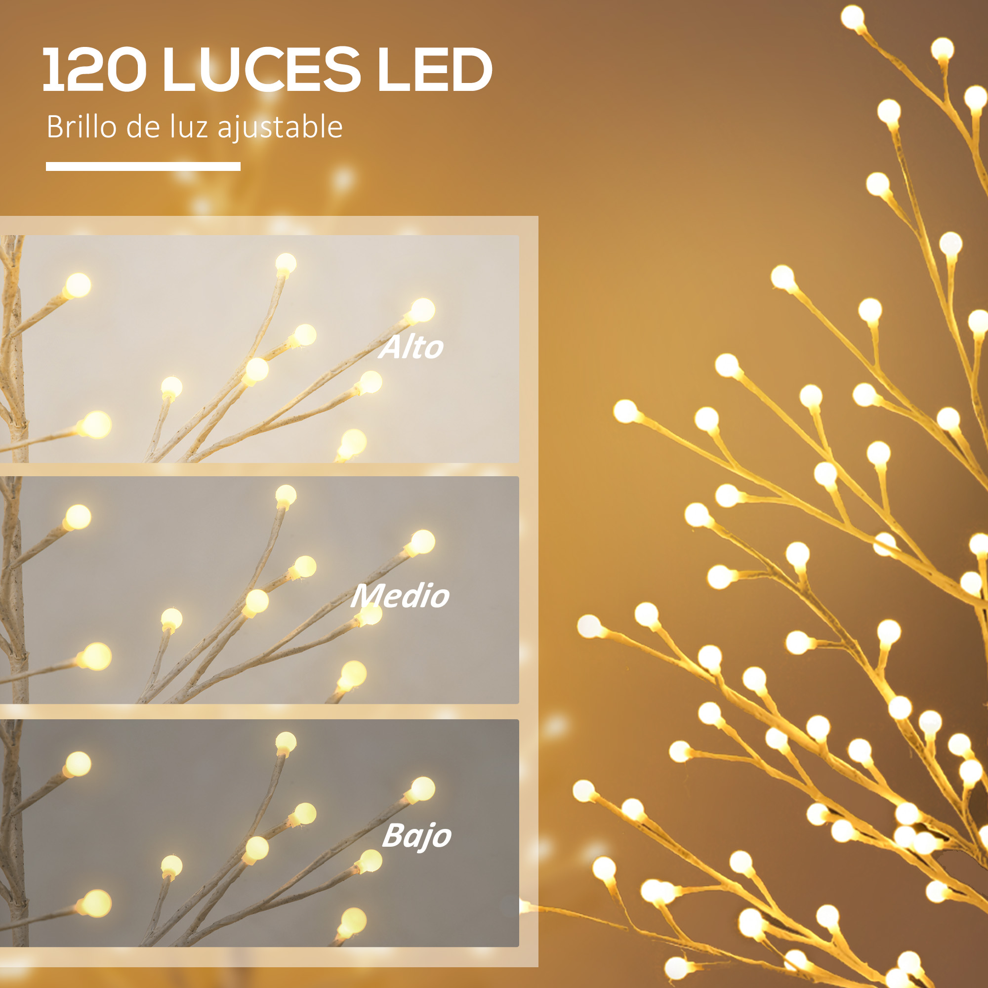 Árbol LED con brillo ajustable. Tiene luces brillantes en ramas con etiquetas 'Alto', 'Medio', 'Bajo' para niveles de brillo.