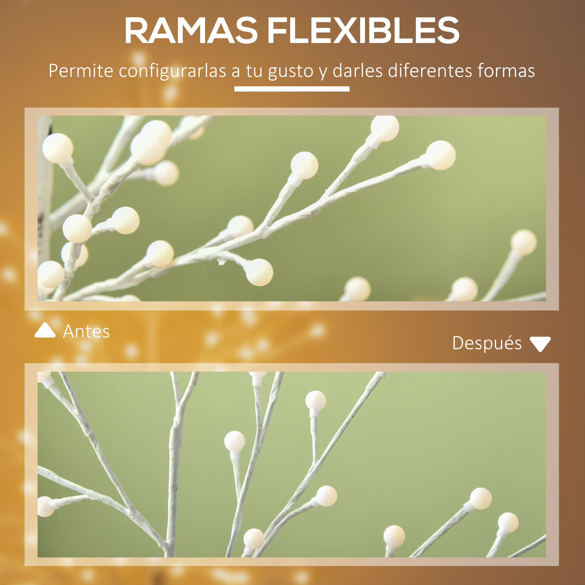 La imagen muestra ramas flexibles con bombillas blancas, dispuestas sobre un fondo verde. El texto dice 'Ramas flexibles' en español.