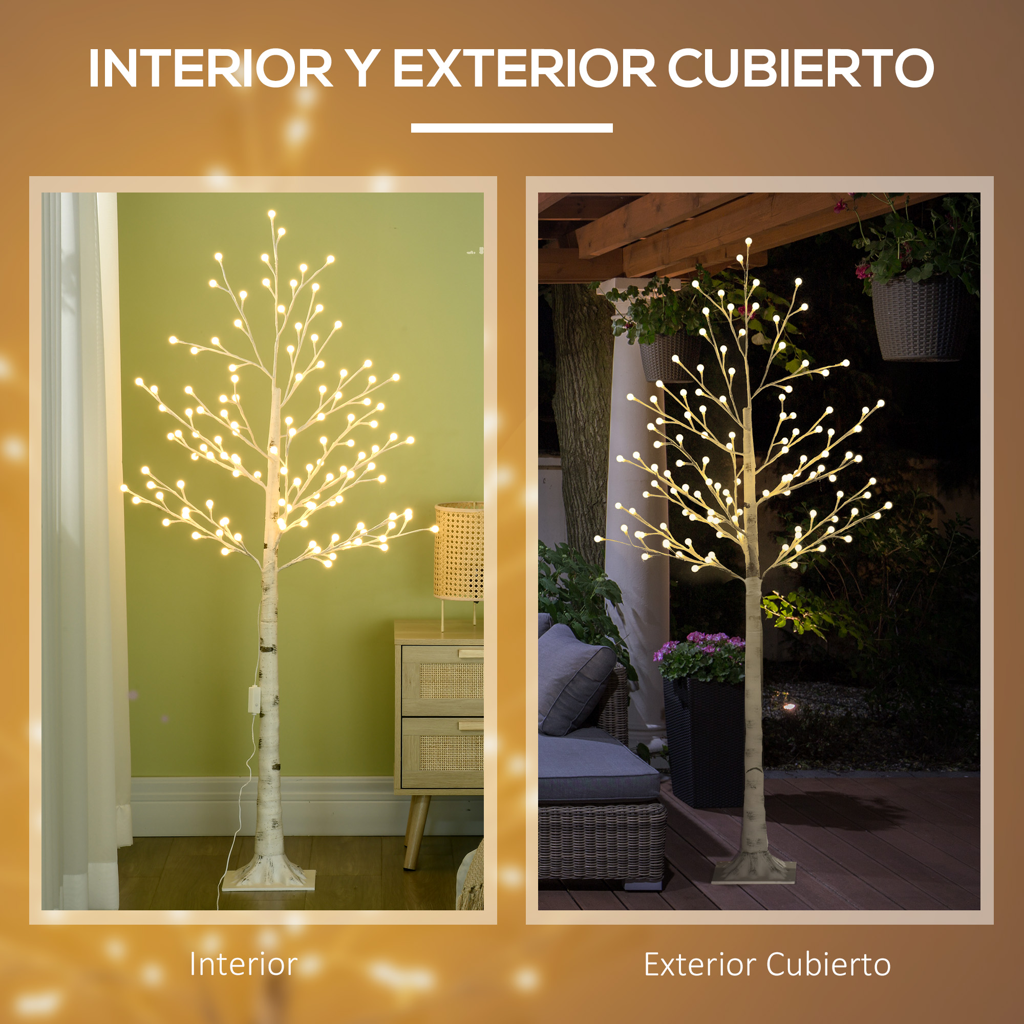 Dos imágenes: Un árbol iluminado en interiores y exteriores por la noche. El interior tiene una pared verde y una cortina blanca. El exterior es de noche.