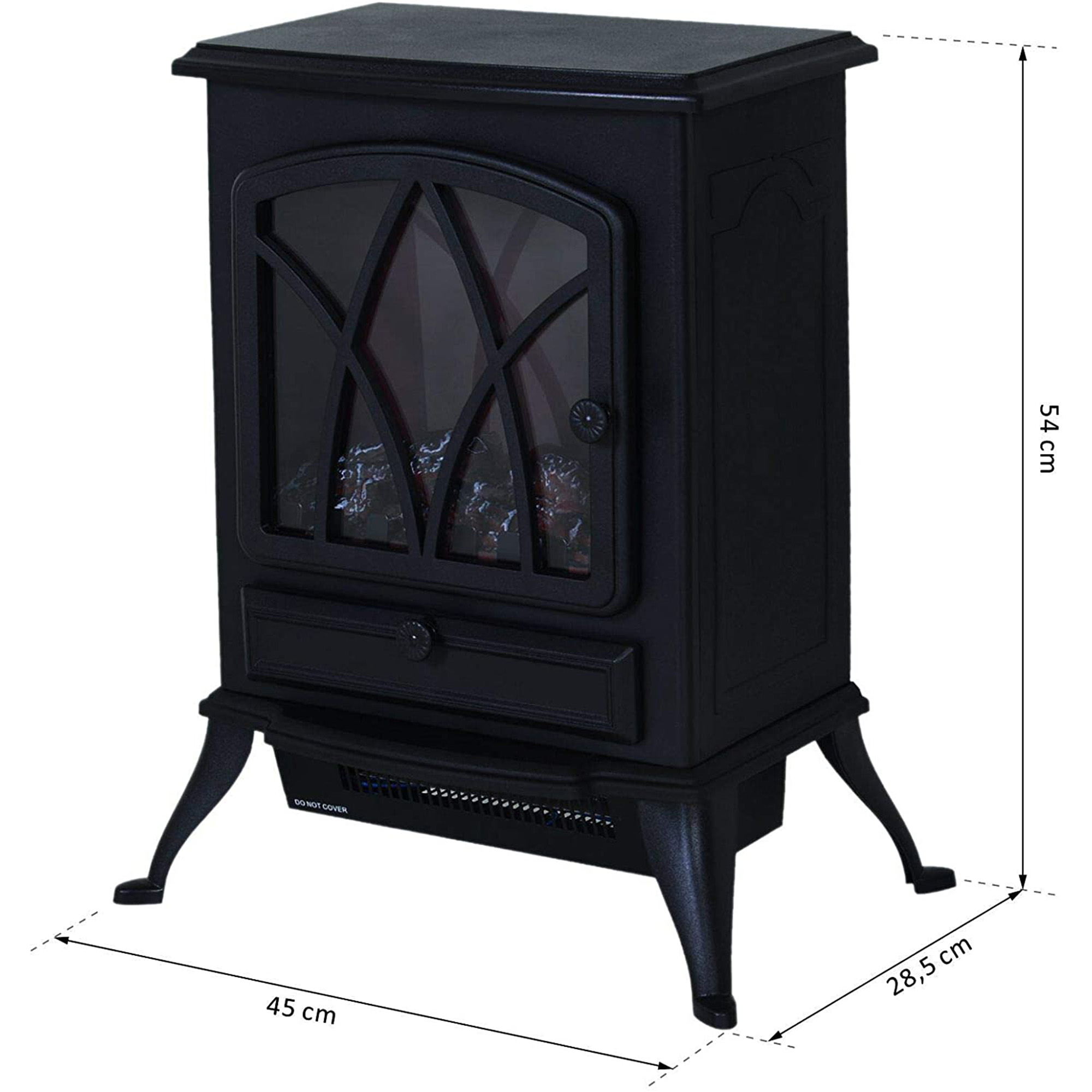 Chimenea eléctrica negra con frente de vidrio, llamas decorativas y patas metálicas. Se indican las dimensiones.