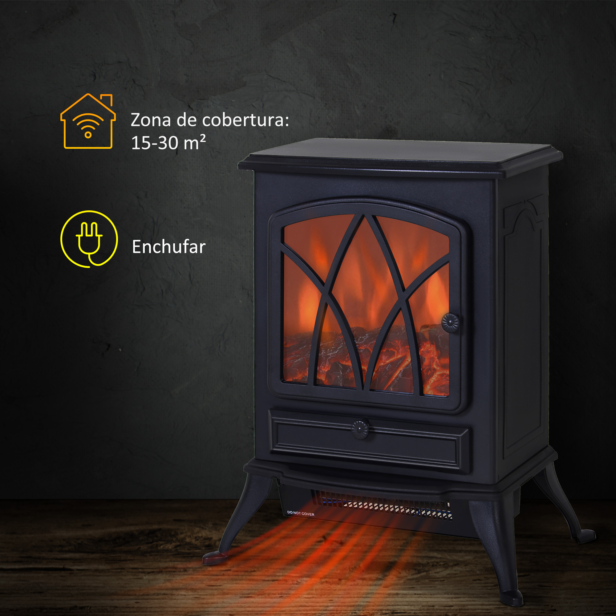 Chimenea eléctrica negra con efecto llama realista, sobre madera y fondo oscuro.
