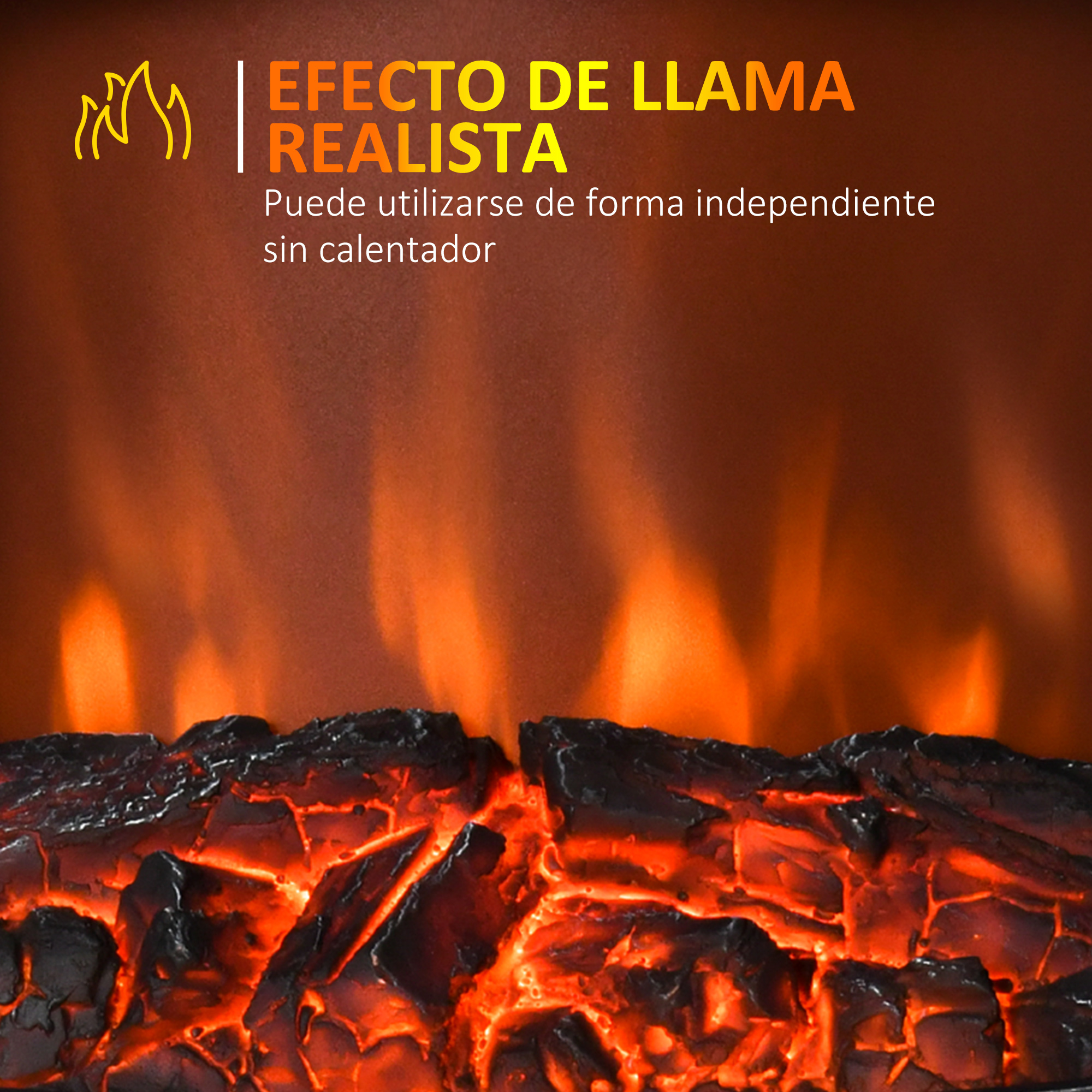 Una chimenea eléctrica con efecto de llama realista. La imagen muestra troncos encendidos con llamas naranjas y amarillas.