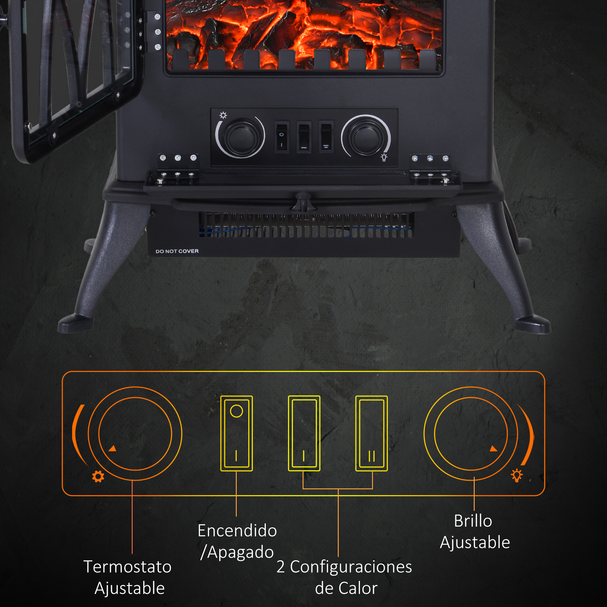 Chimenea eléctrica negra con controles: termostato, encendido/apagado, ajustes de calor y brillo ajustable. Efecto de fuego rojo.