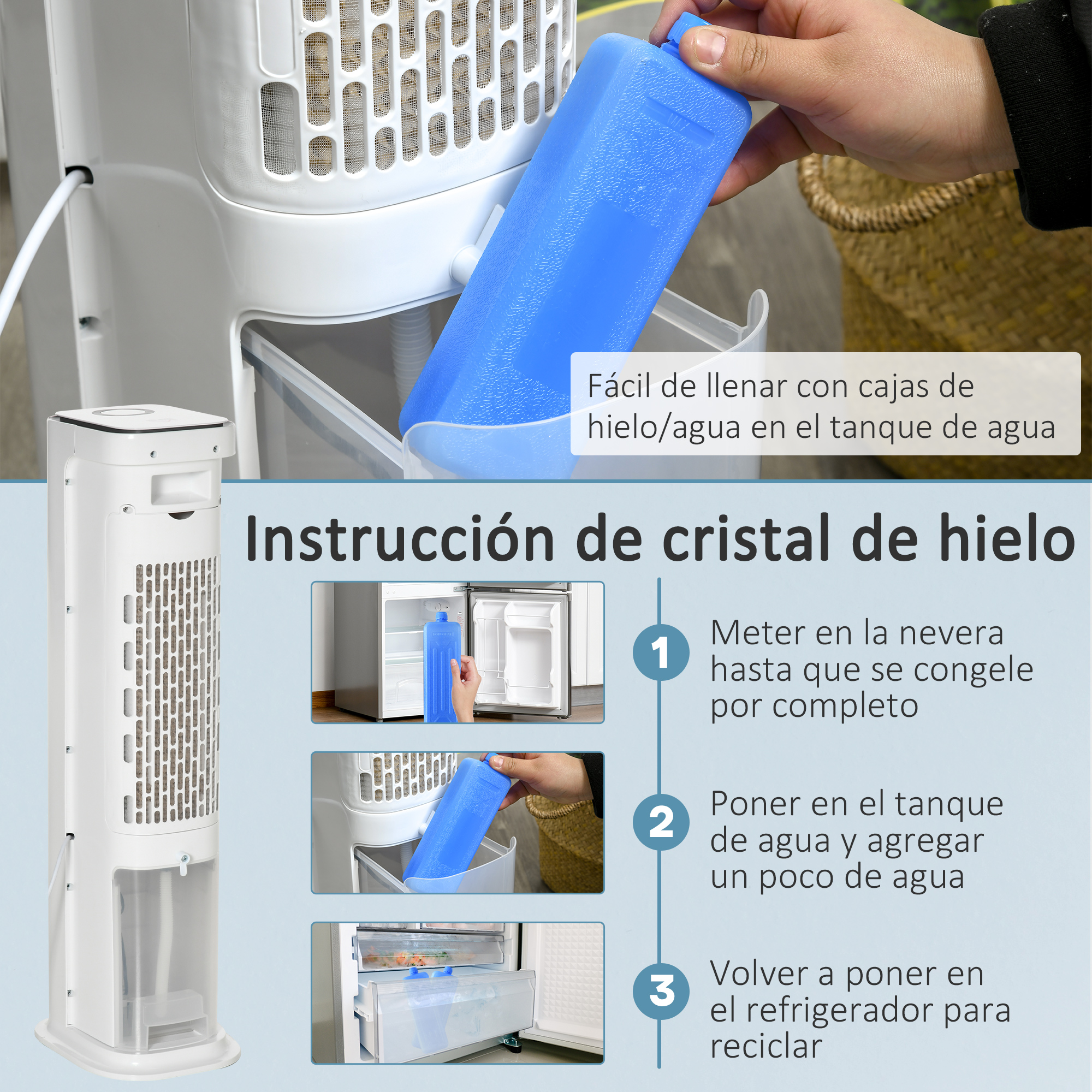 Una persona agregando un paquete de hielo azul a un enfriador de aire. Las instrucciones muestran el proceso paso a paso, con texto en español.