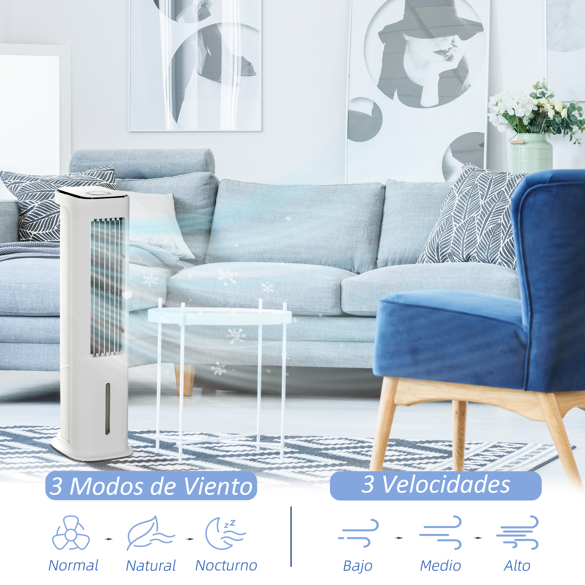 Un enfriador de aire blanco en una sala de estar. Silla azul, sofá gris, mesa blanca y obras de arte visibles. El texto indica 3 modos y velocidades.