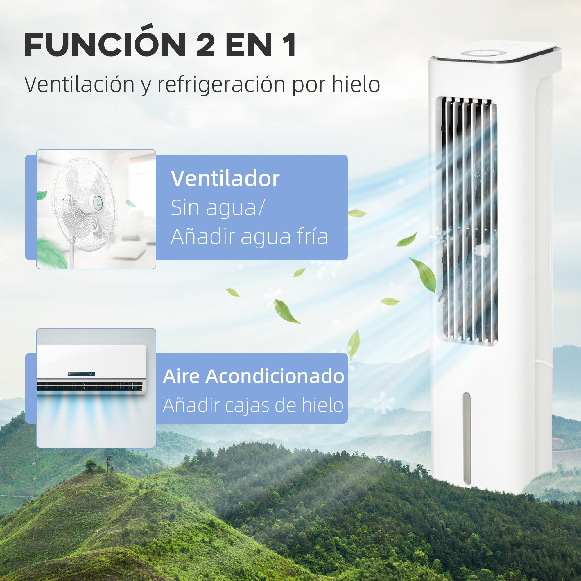 La imagen muestra un enfriador de aire 2 en 1. Tiene un ventilador, un acondicionador de aire y un fondo de montaña. Es blanco.